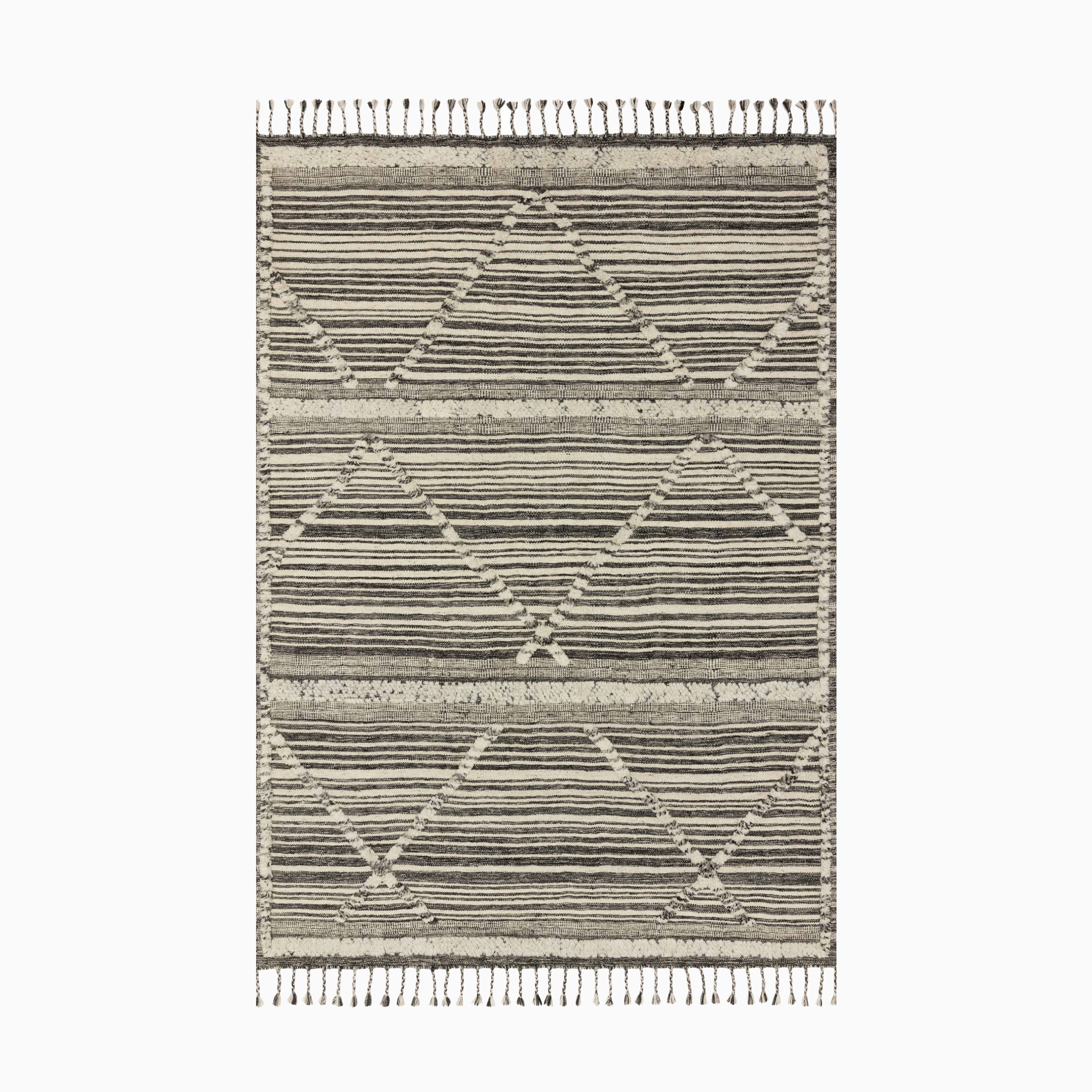Hand-knotted wool blend rug in cream and graphite, offering a mix of wool, cotton, polyester, and rayon, designed with a textured striped background and geometric accents for a transitional aesthetic.