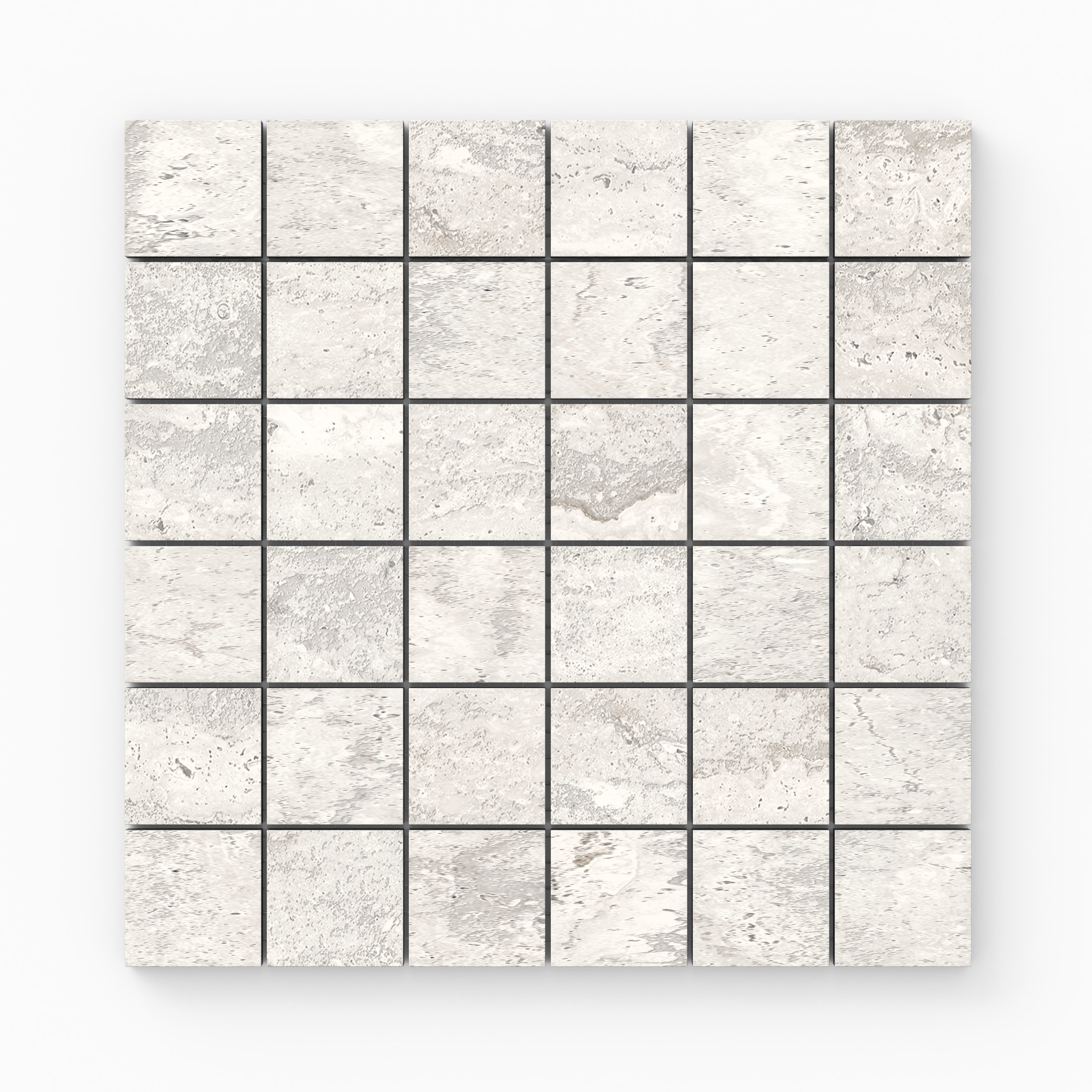 Light gray travertine-look porcelain 2x2 matte mosaic tile with delicate stone variation, soft veining, and a clean, timeless look.