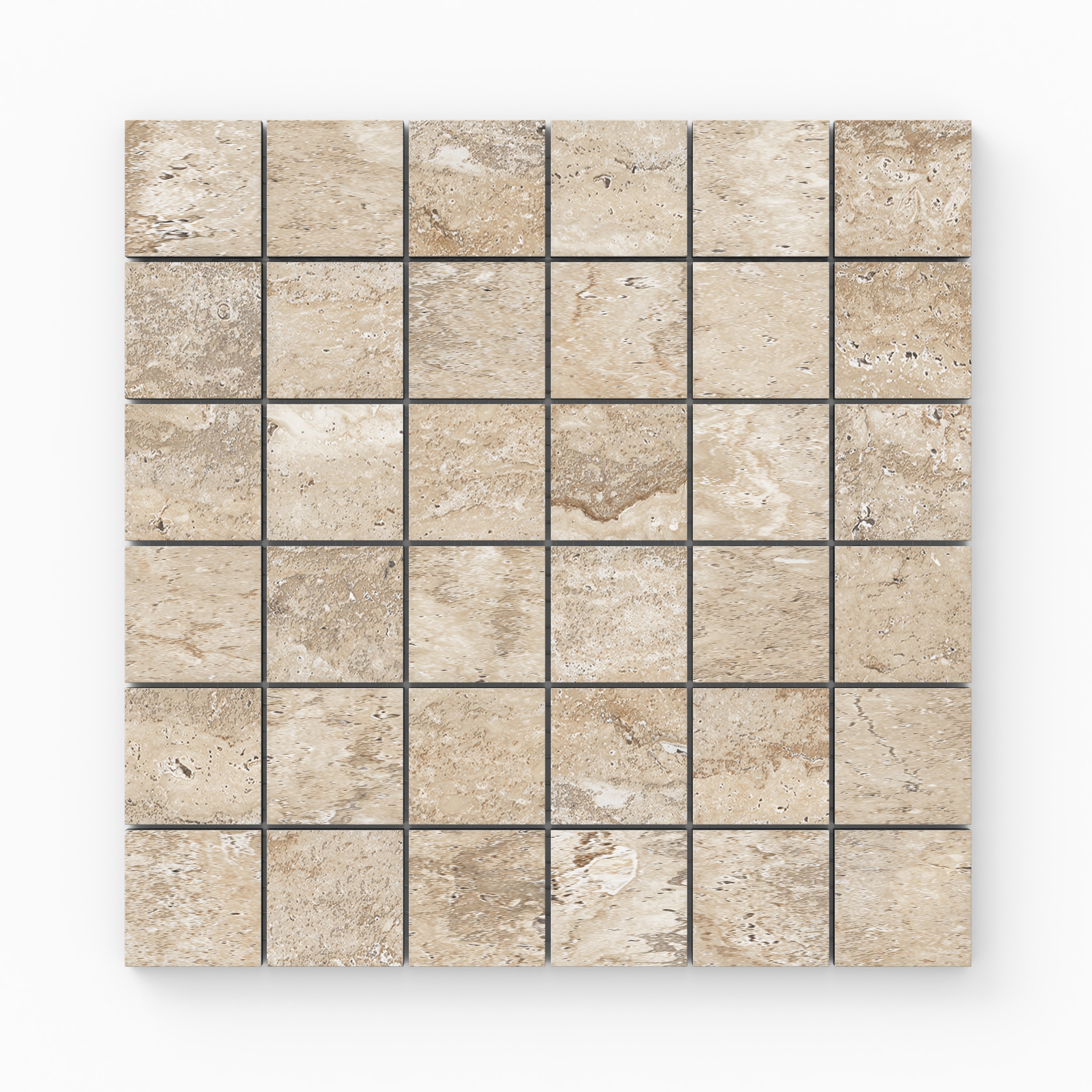 Neutral beige travertine-look porcelain 2x2 matte mosaic tile showcasing gentle variation, fine texture, and a refined natural finish.