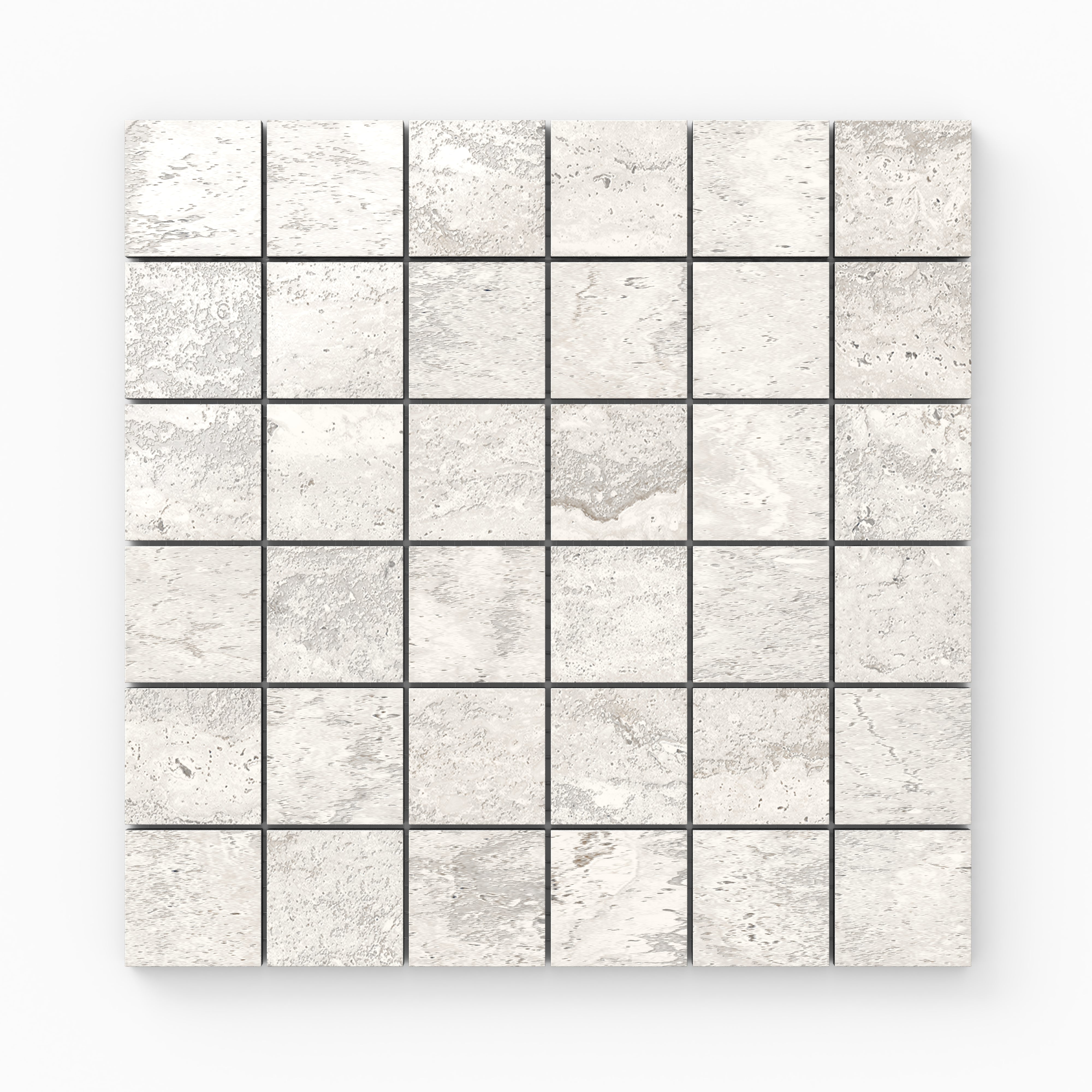 Light gray travertine-look porcelain 2x2 polished mosaic tile with delicate stone variation, soft veining, and a clean reflective sheen.