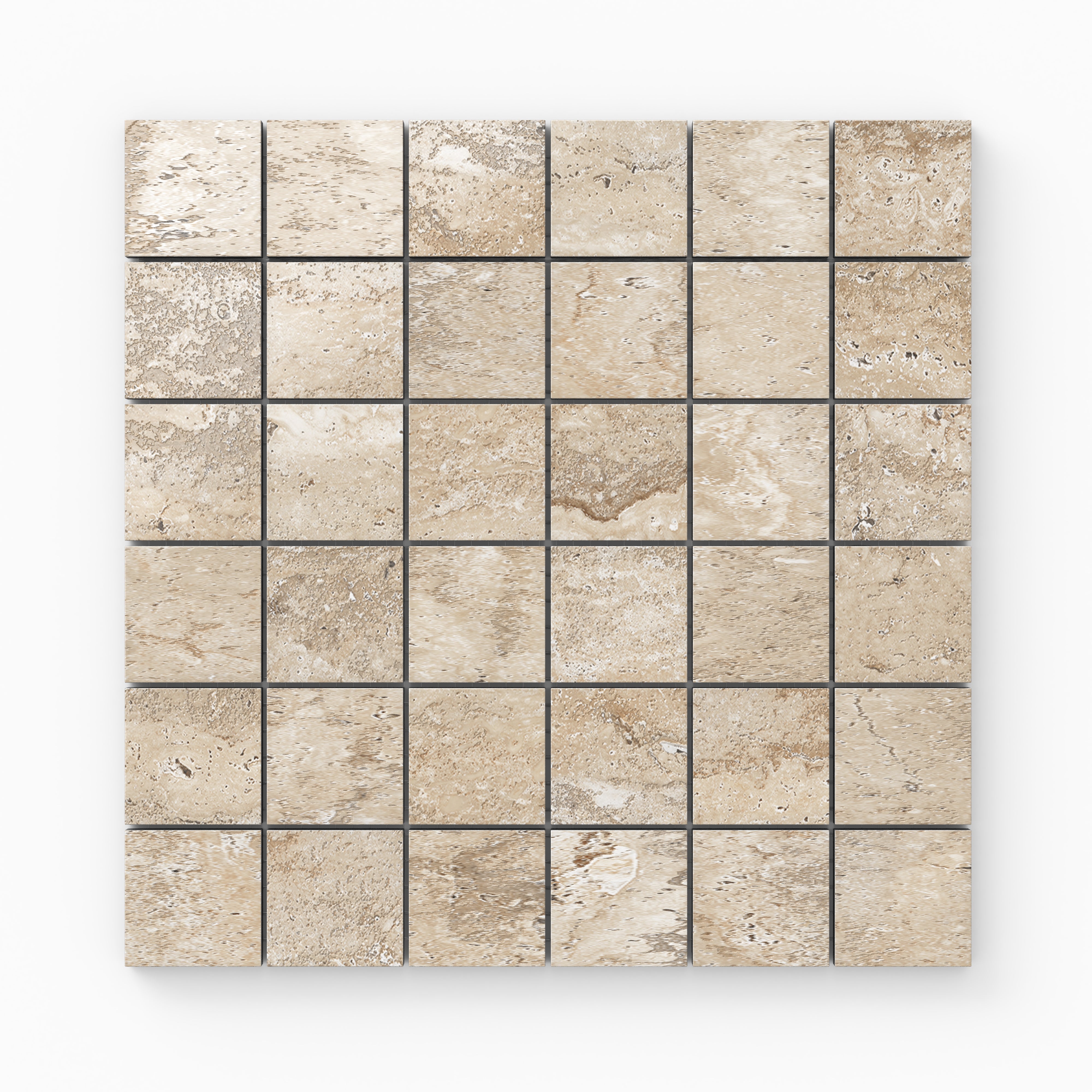 Neutral beige travertine-look porcelain 2x2 polished mosaic tile showcasing gentle variation, fine texture, and a refined glossy finish.