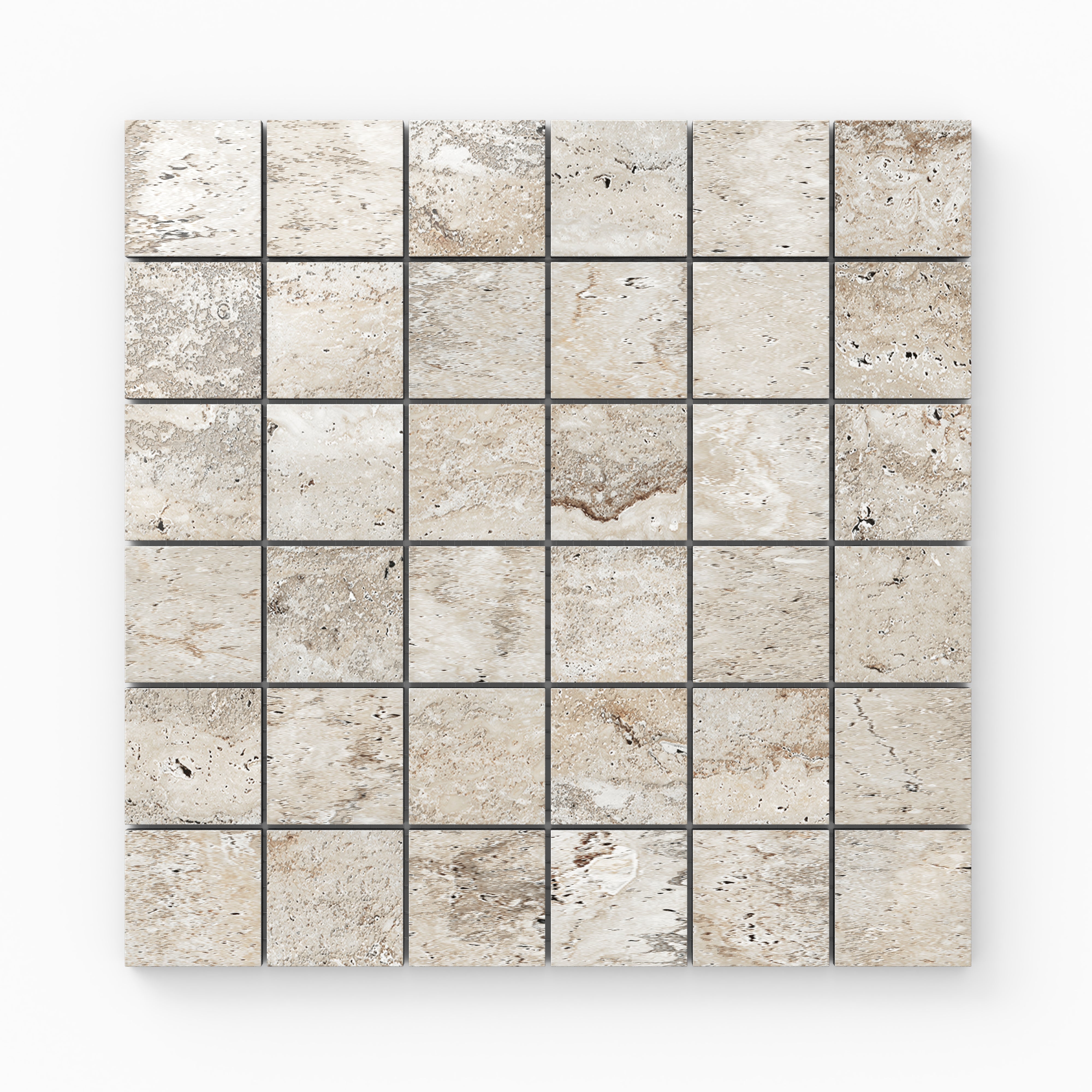 Warm beige travertine-look porcelain 2x2 polished mosaic tile with subtle veining, soft tonal shifts, and a luminous stone look.