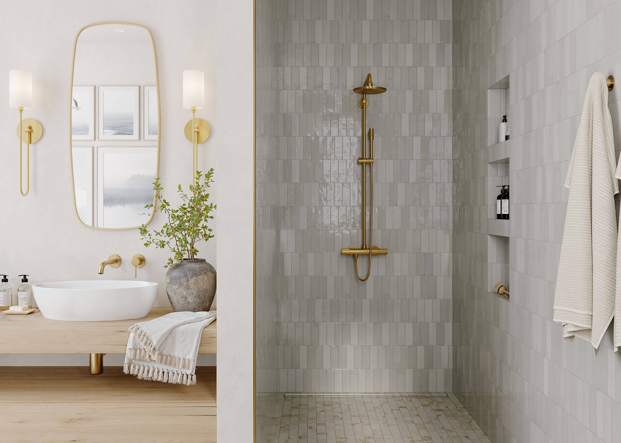 Ceramic Subway Tiles in a calming fog grey bring understated elegance to a spa-like shower, highlighted by warm brass fixtures.