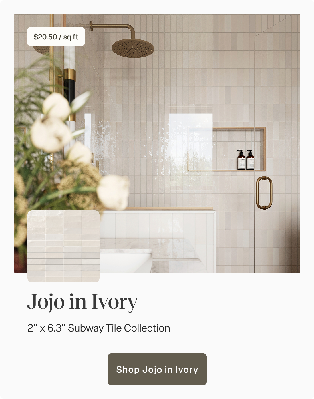 Create a serene retreat with Jojo Ceramic Subway Tiles in soft ivory, perfectly complemented by brass fixtures. Shop Dani in Ivory