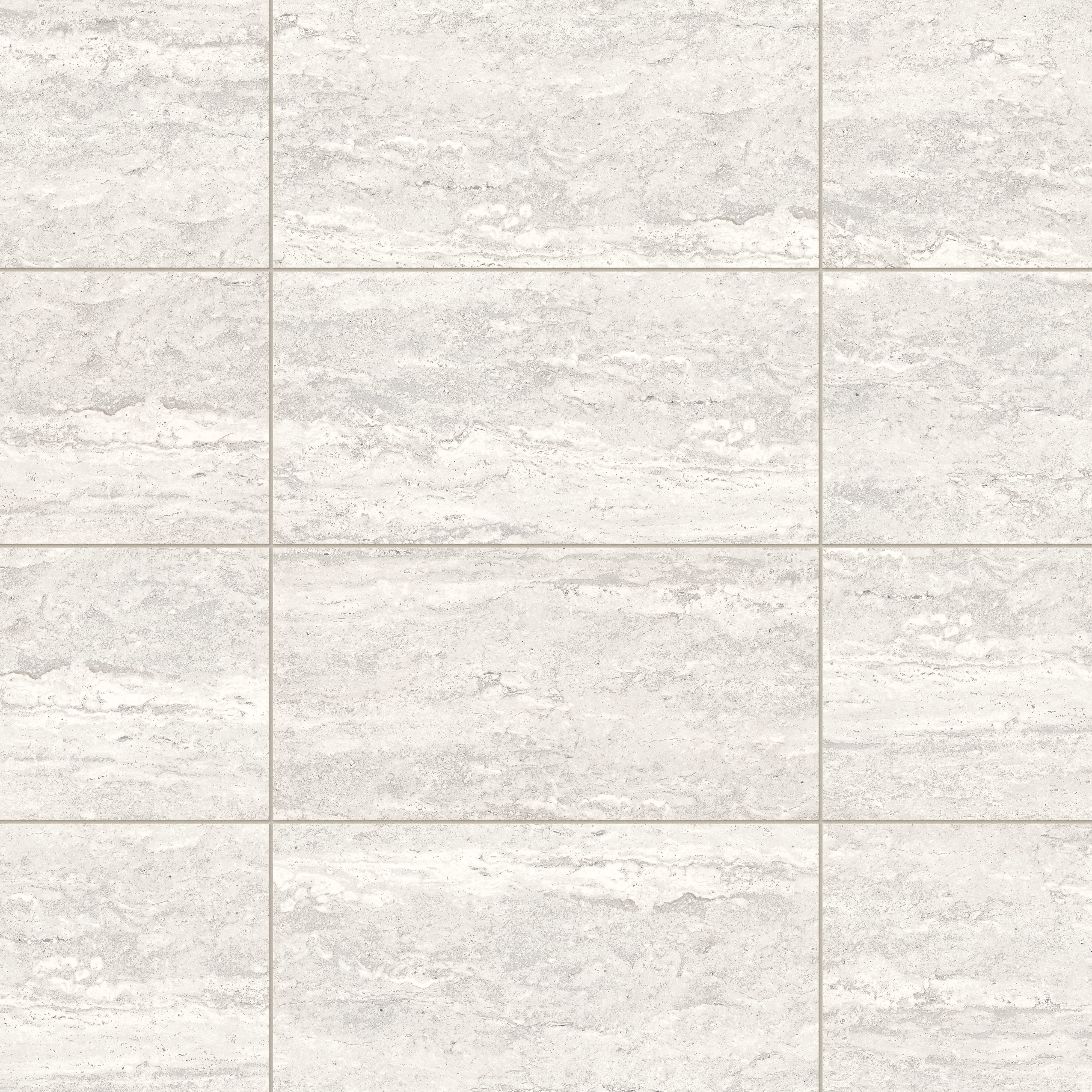 Light gray travertine-look porcelain 12x24 matte tile with subtle linear veining, gentle texture, and a clean stone-inspired finish.