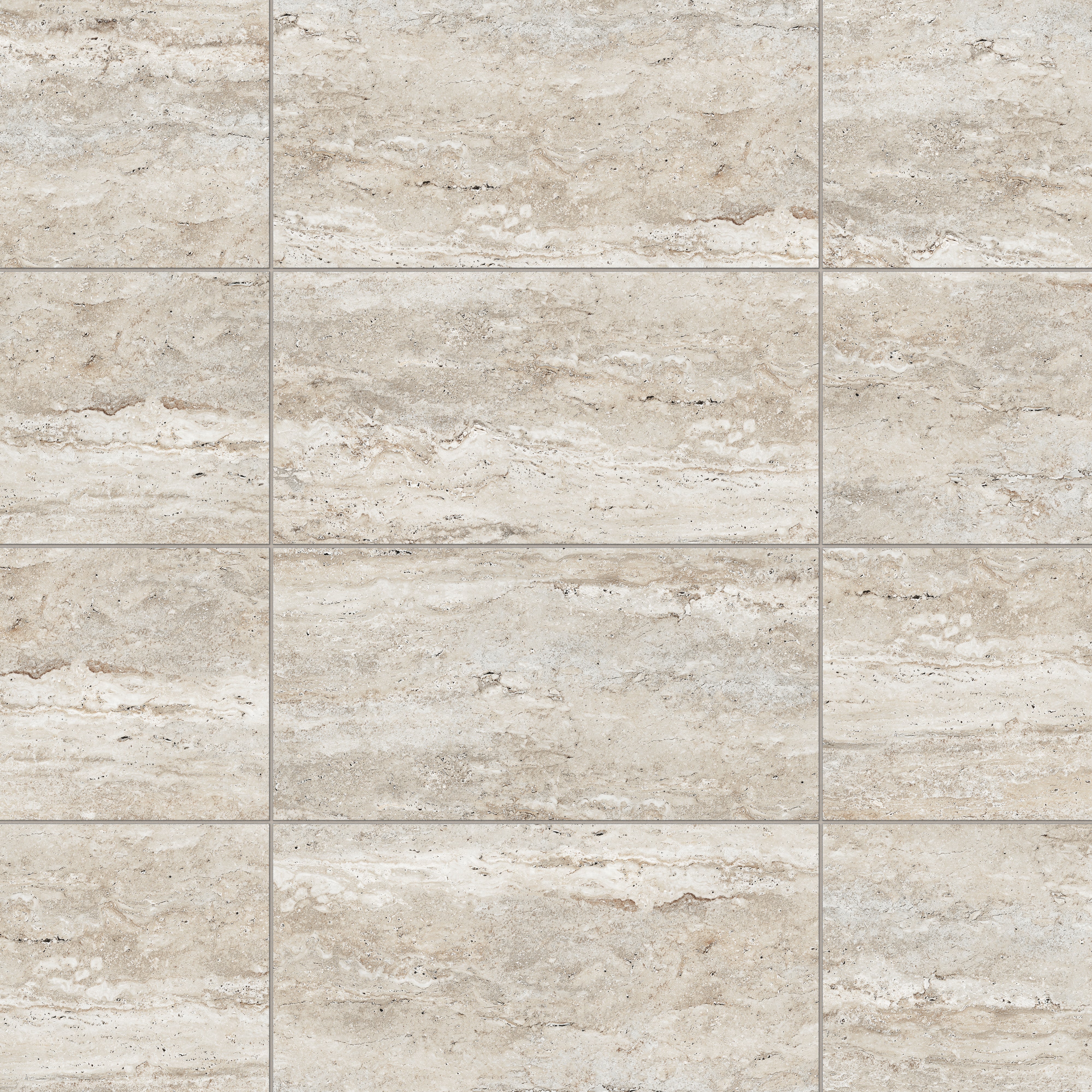 Warm beige travertine-look porcelain 12x24 matte tile with soft horizontal veining, subtle movement, and a refined stone surface.