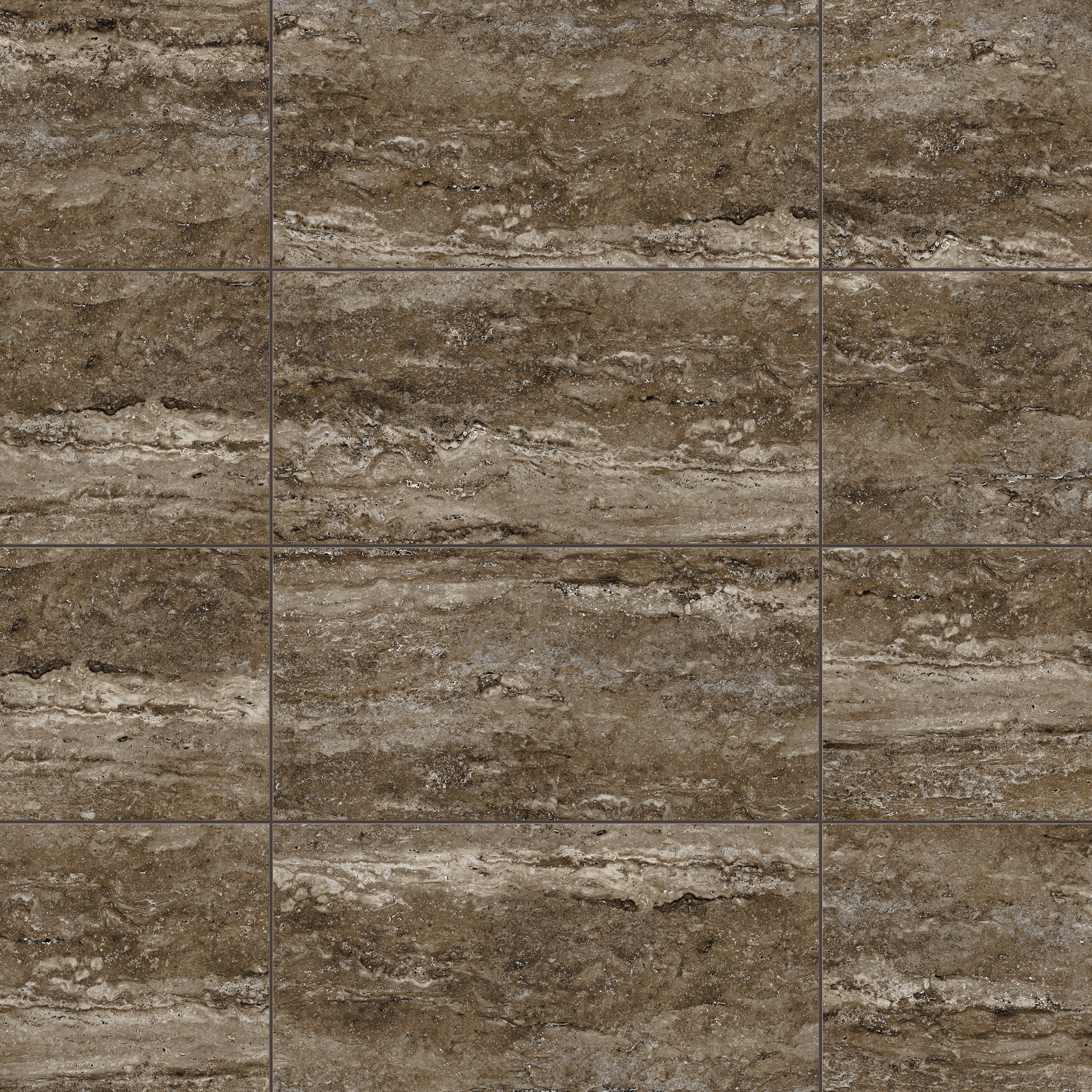 Dark taupe travertine-look porcelain 12x24 matte tile featuring deep tonal variation, linear veining, and an authentic stone appearance.