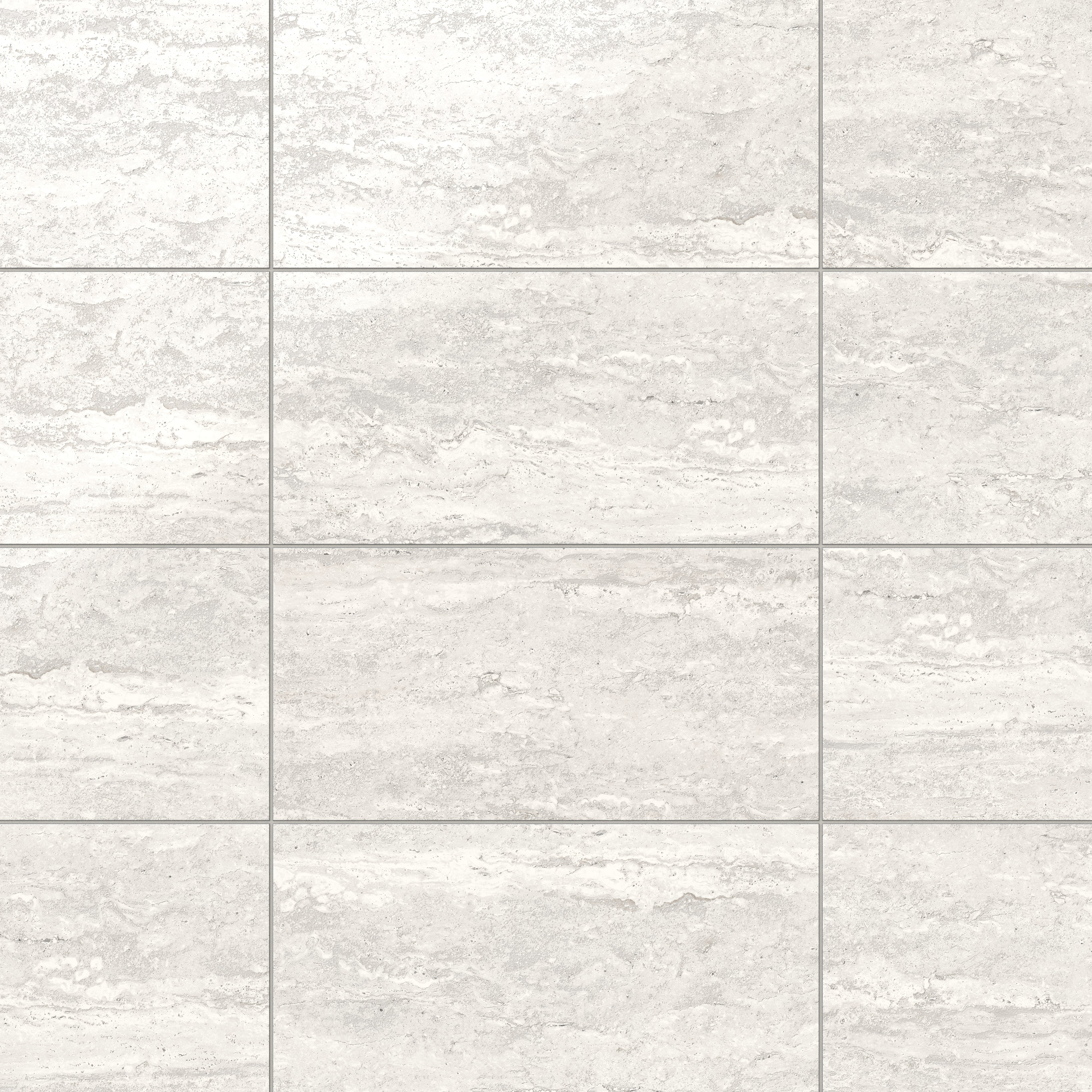 Light gray travertine-look porcelain 12x24 polished tile with subtle linear veining, gentle texture, and a bright stone-inspired sheen.