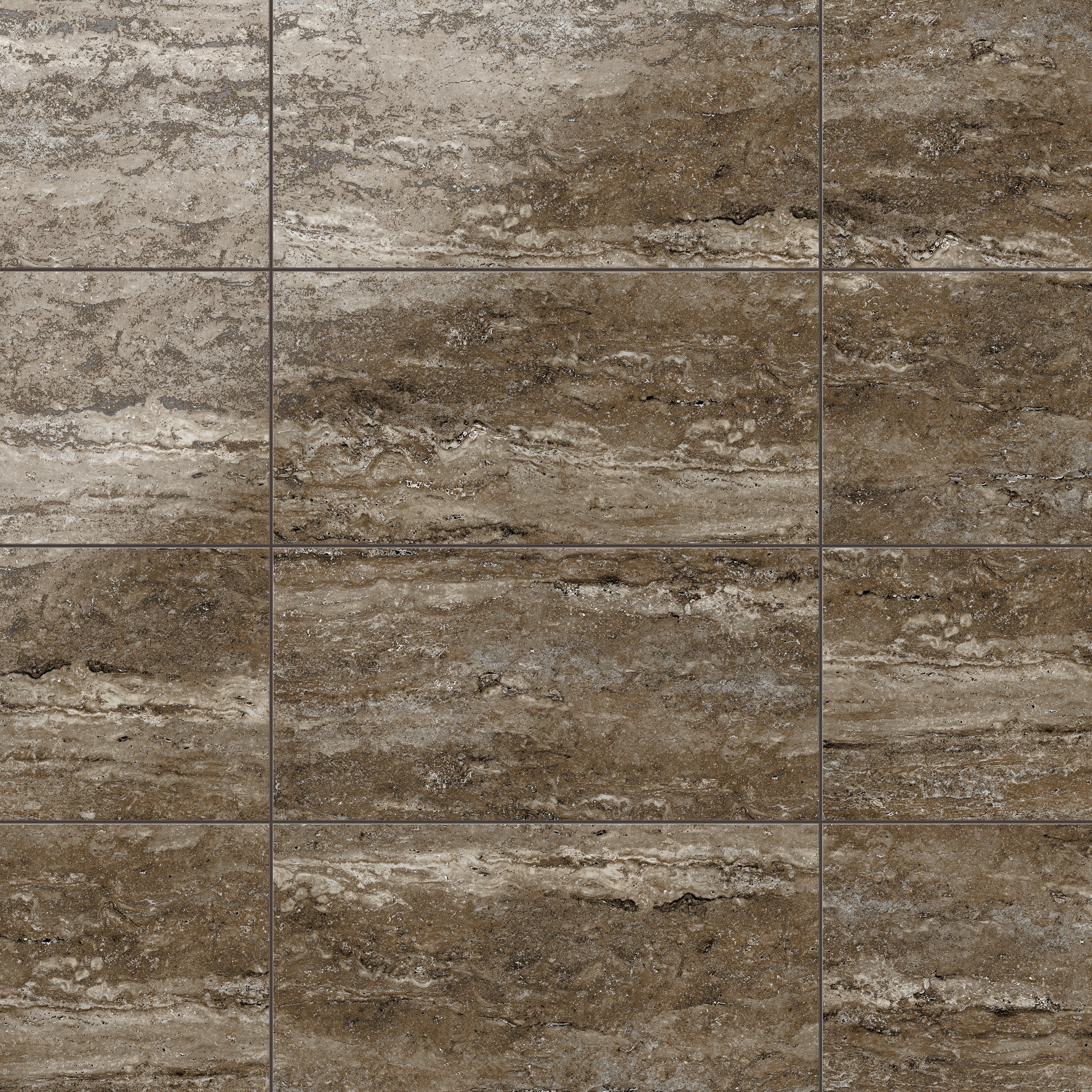 Dark taupe travertine-look porcelain 12x24 polished tile featuring deep tonal variation, linear veining, and a glossy stone appearance.
