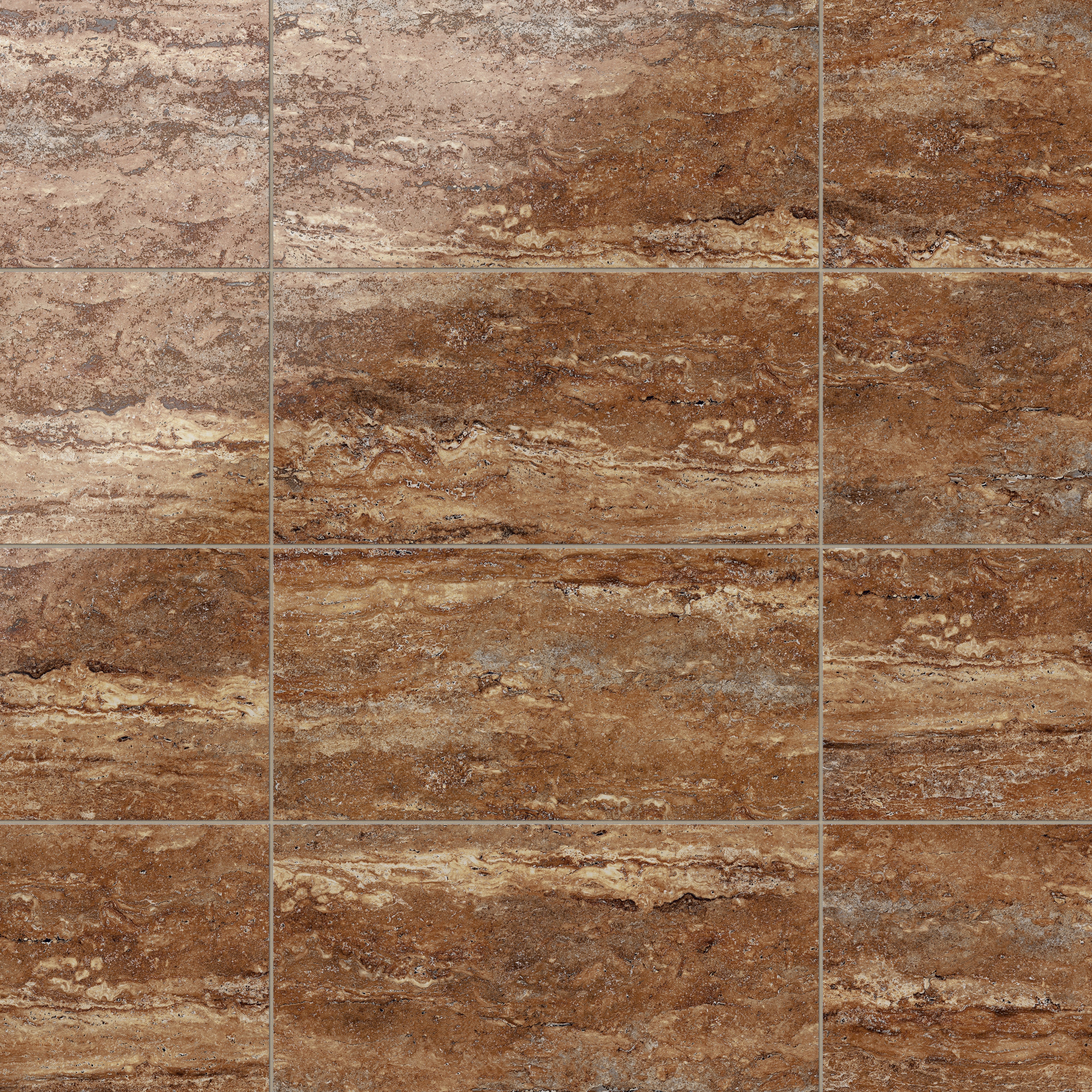 Brown travertine-look porcelain 12x24 polished tile with rich earthy tones, layered veining, and a smooth reflective stone finish.