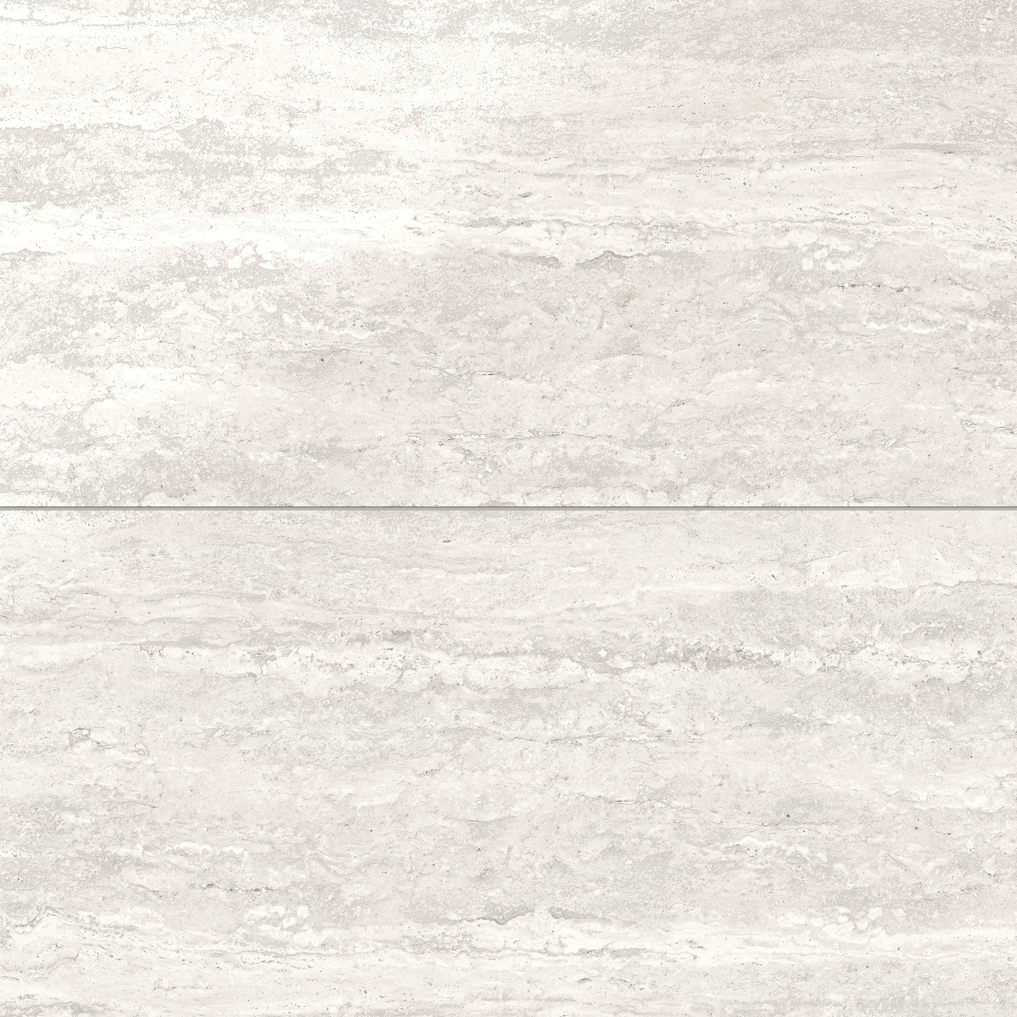 Light gray travertine-look porcelain 24x48 polished tile with delicate linear veining, soft texture, and a bright stone-inspired sheen.