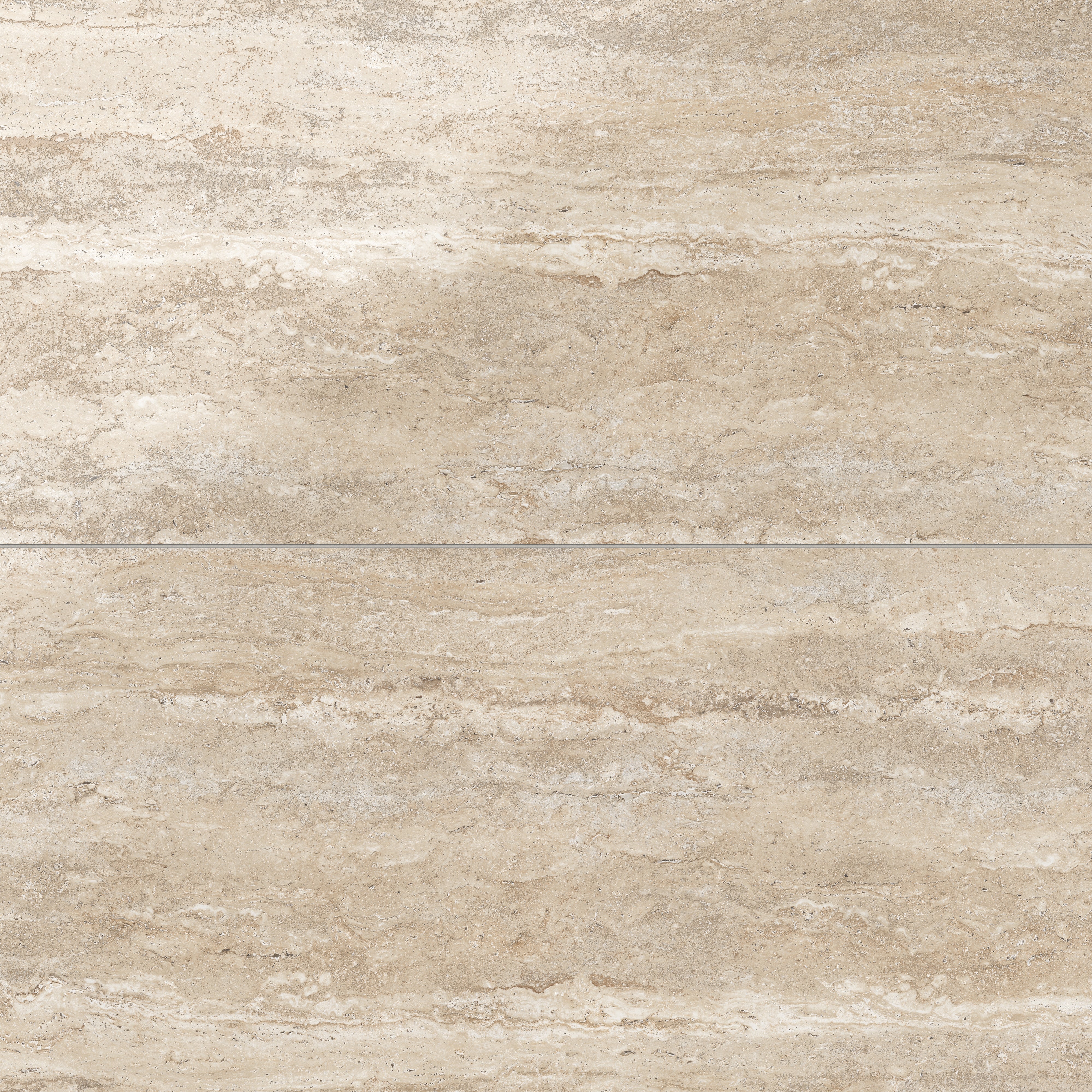 Neutral beige travertine-look porcelain 24x48 polished tile showcasing light tonal variation, horizontal veining, and a refined finish.