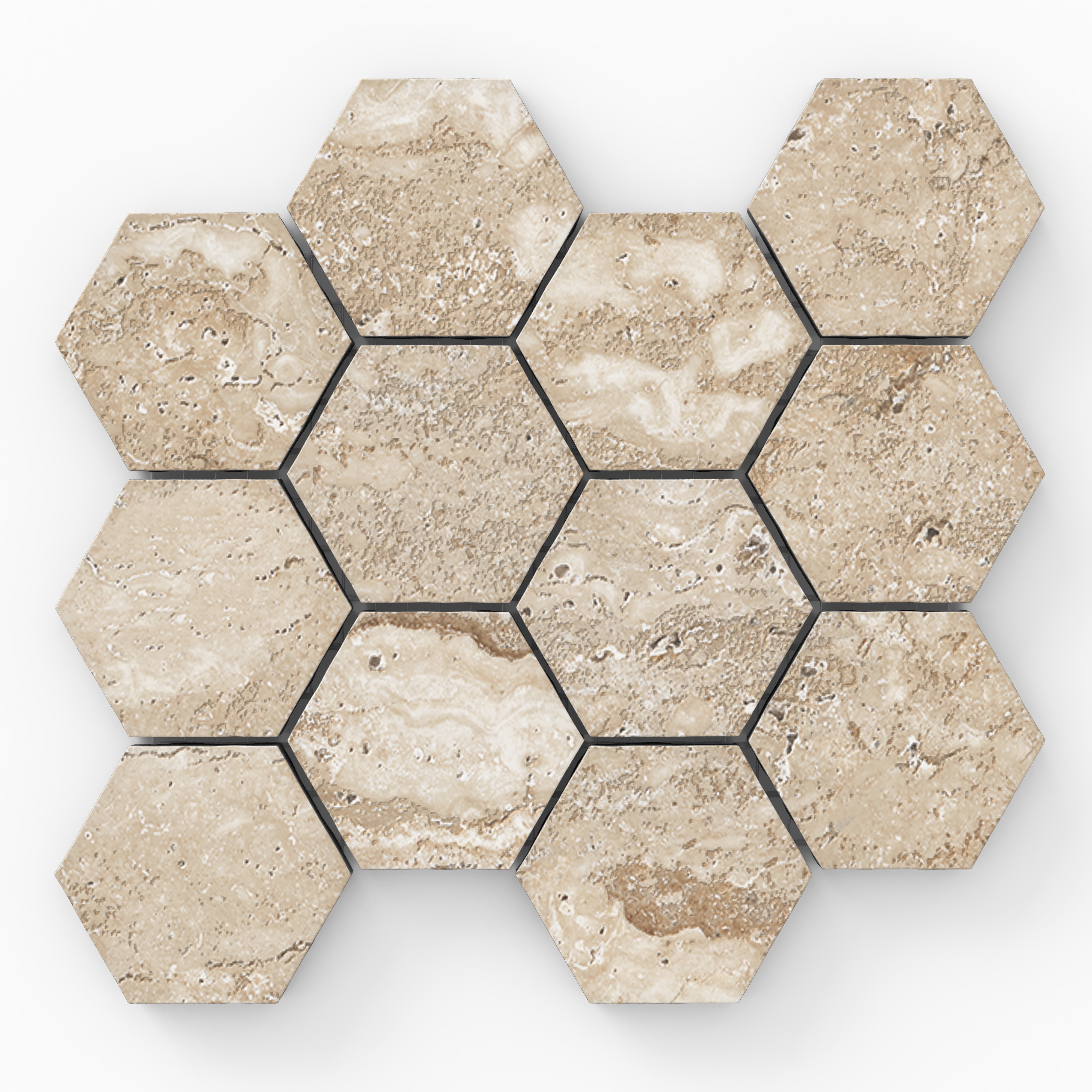 Light beige travertine-look porcelain 3x3 hex mosaic tile in a matte finish with gentle tonal shifts and natural stone detail.