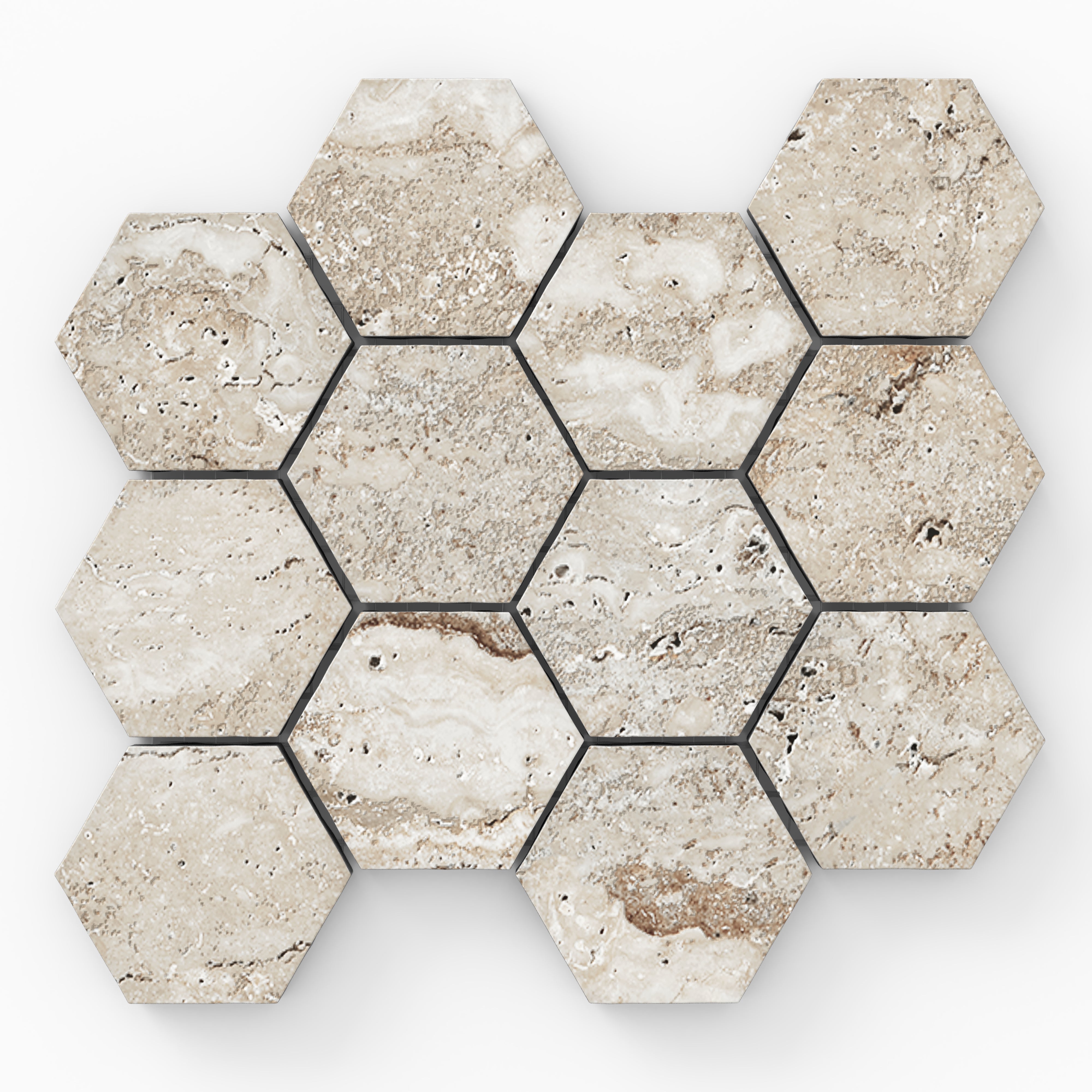 Beige travertine-look porcelain 3x3 hex mosaic tile with a matte finish, displaying gentle veining and balanced stone variation.