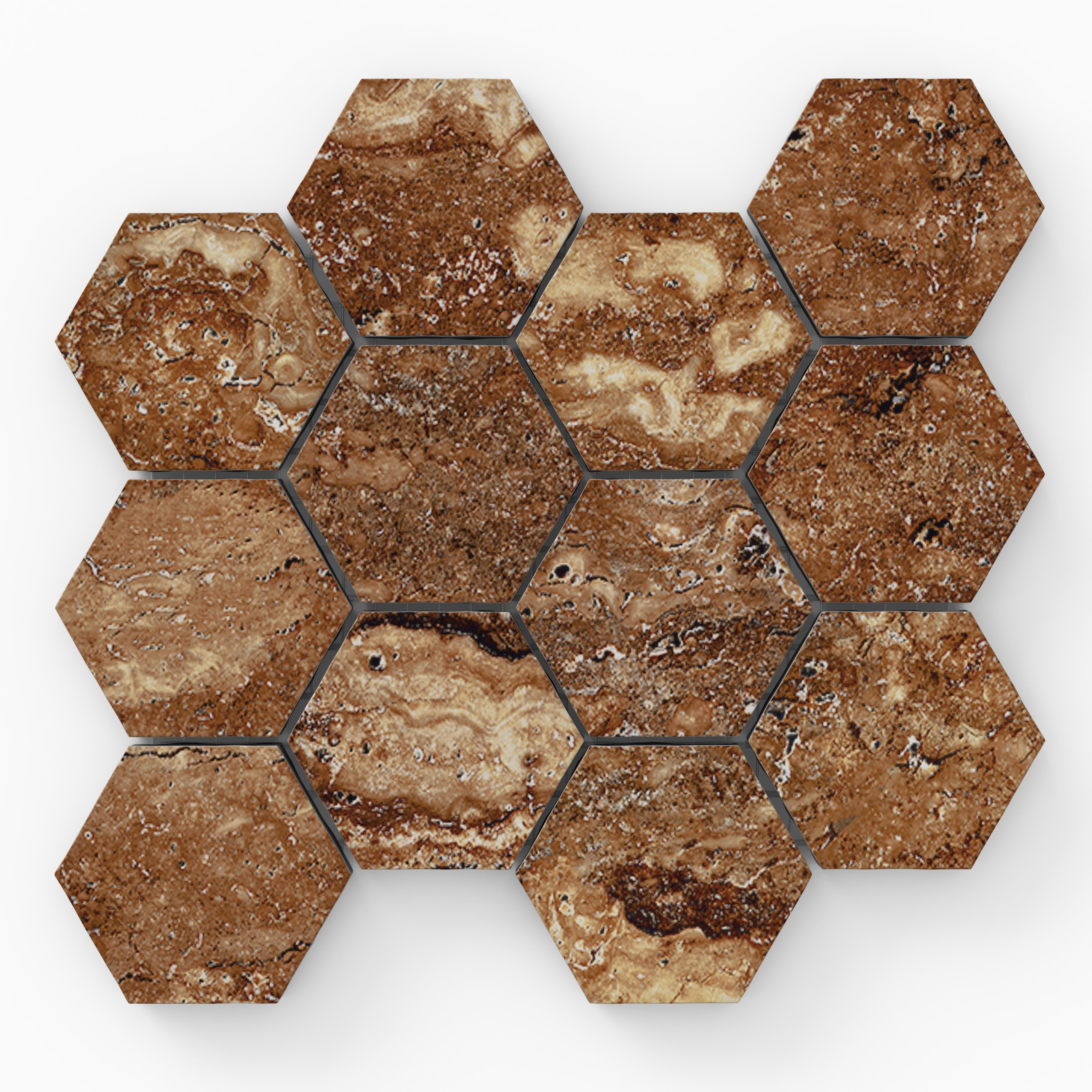 Brown travertine-look porcelain 3x3 hex mosaic tile with a matte finish, featuring rich earthy tones and natural stone variation.