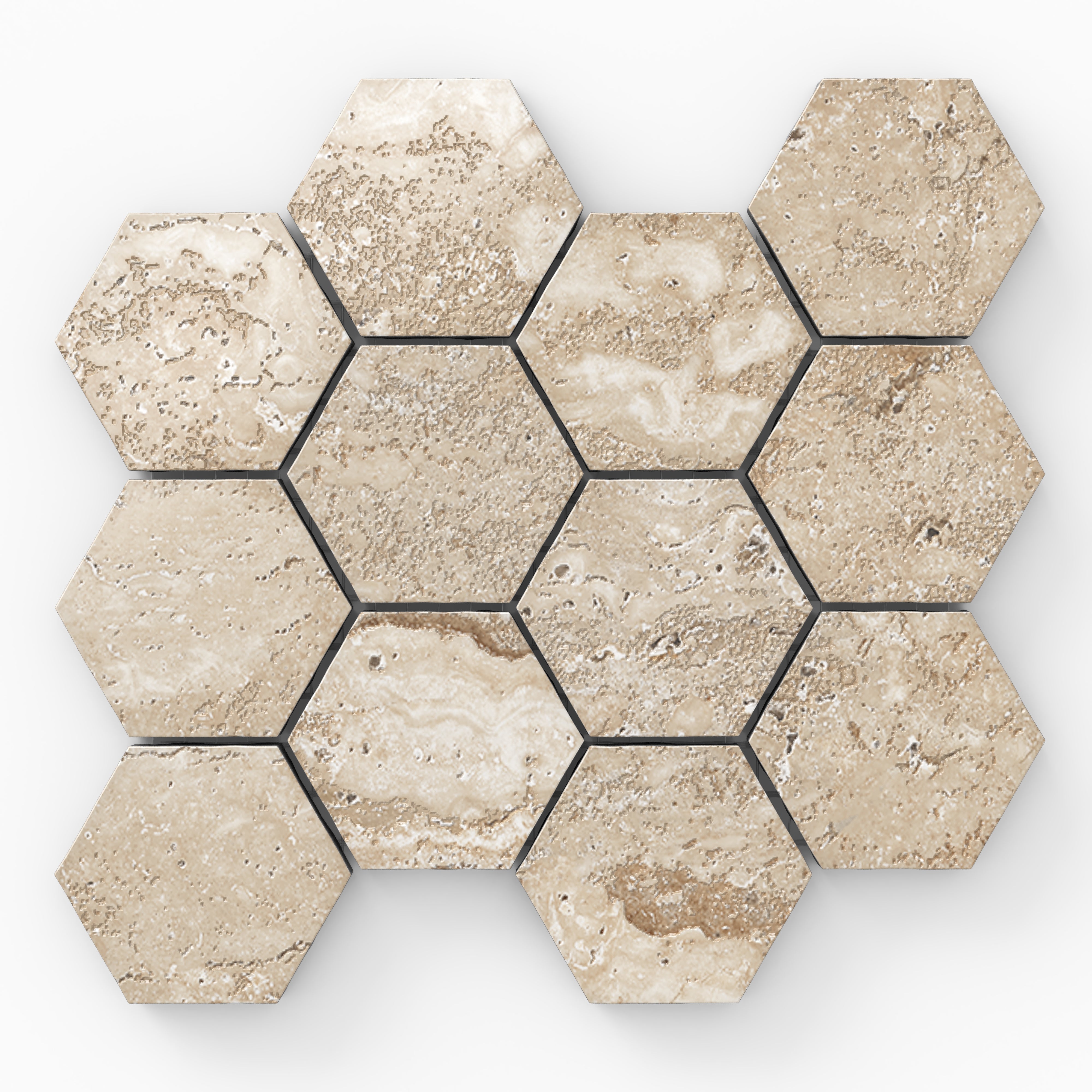 Light beige travertine-look porcelain 3x3 hex mosaic tile with a polished surface, gentle tonal shifts, and natural detail.
