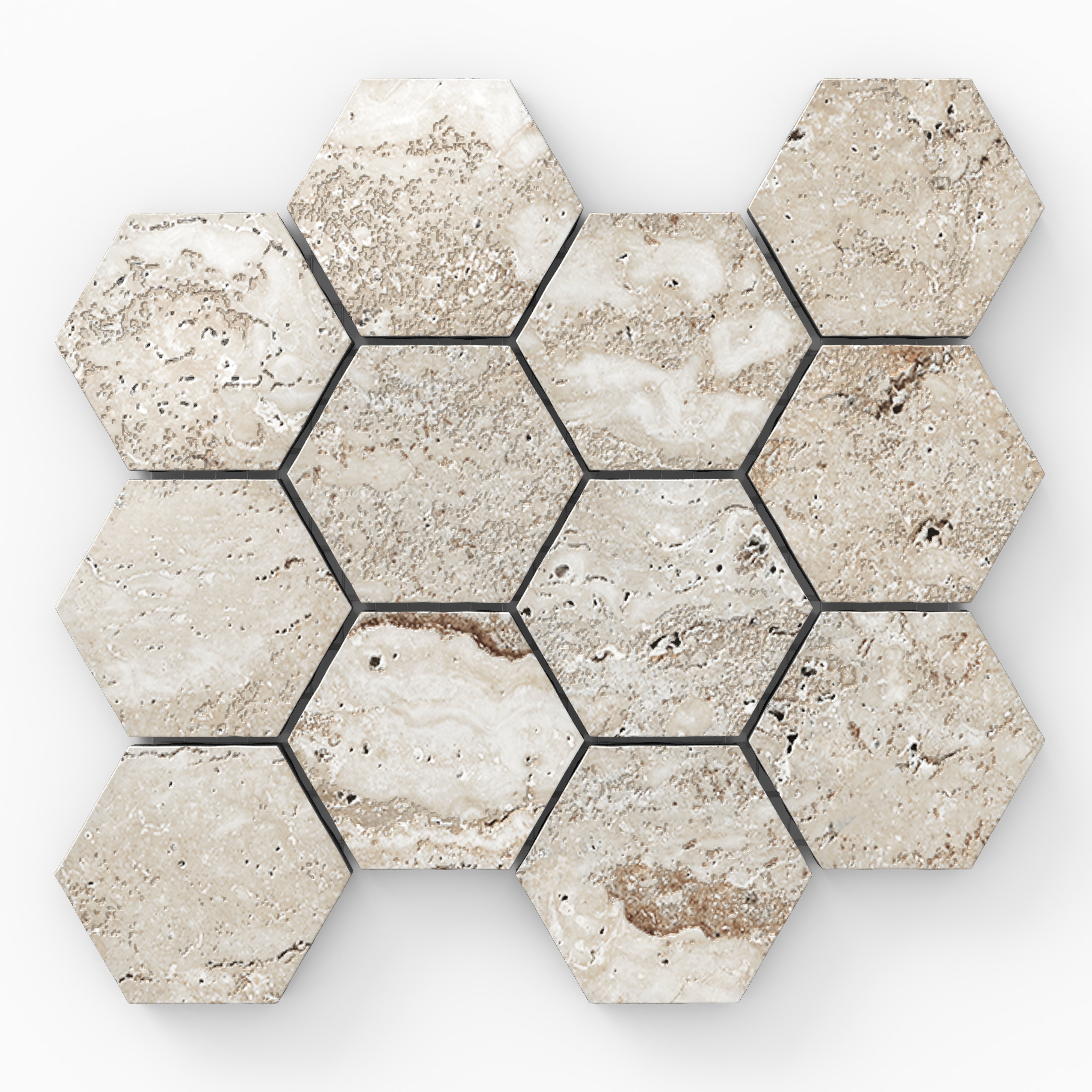 Beige travertine-look porcelain 3x3 hex mosaic tile with polished finish, showcasing soft veining and subtle stone texture.