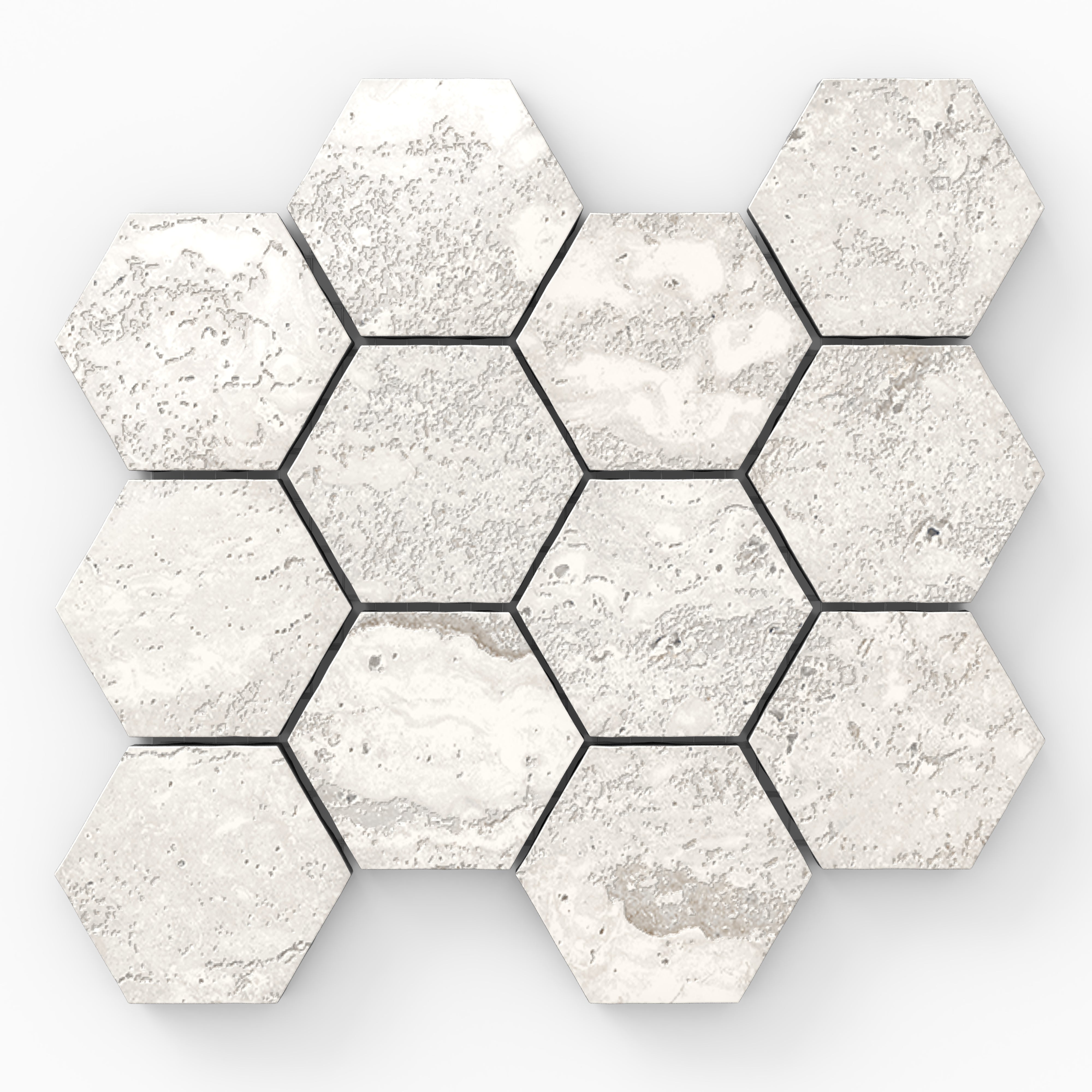 Ivory travertine-look porcelain 3x3 hex mosaic tile featuring refined stone movement, delicate veining, and a polished sheen.