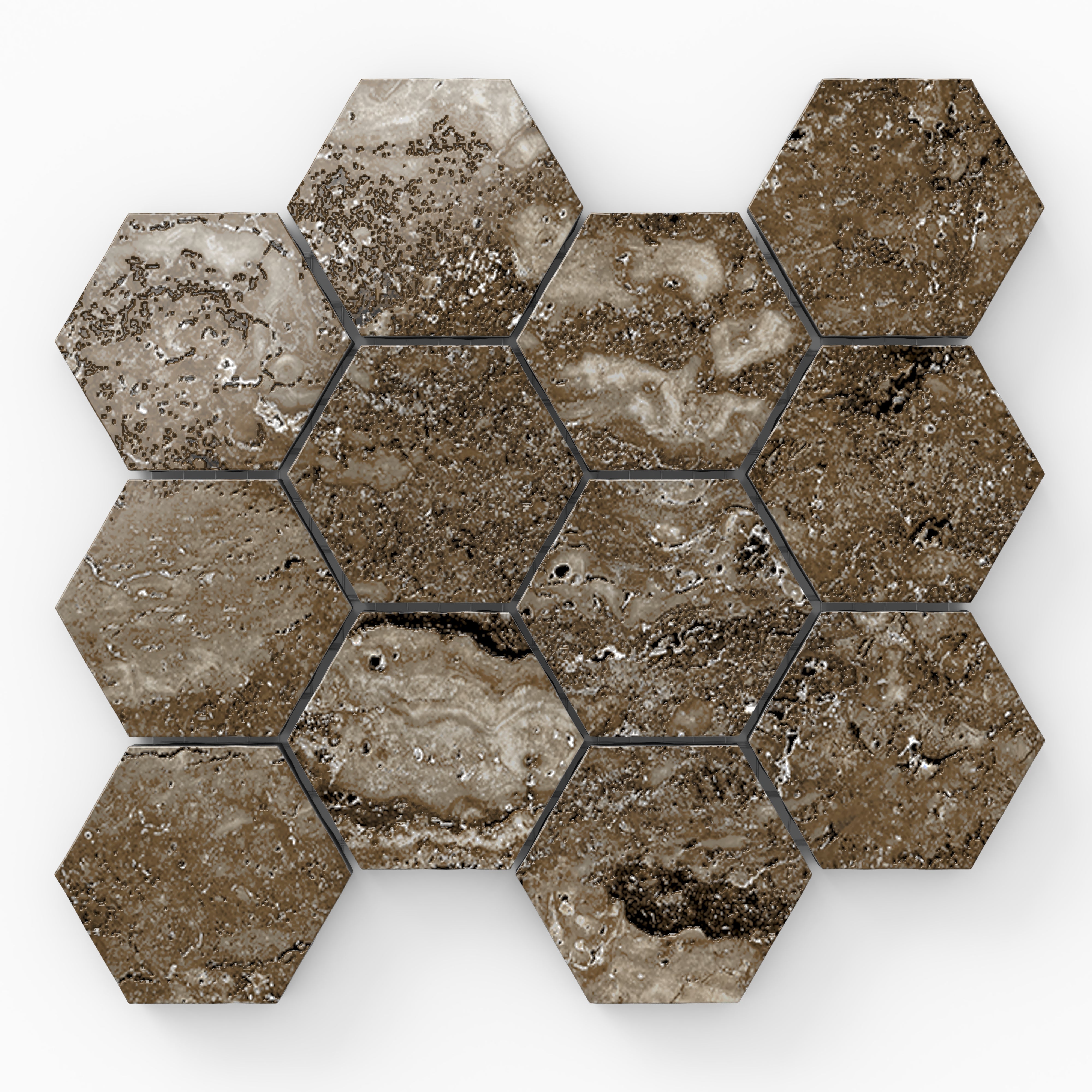 Polished travertine-look porcelain 3x3 hex mosaic tile with taupe coloring, layered mineral variation, and a reflective surface.