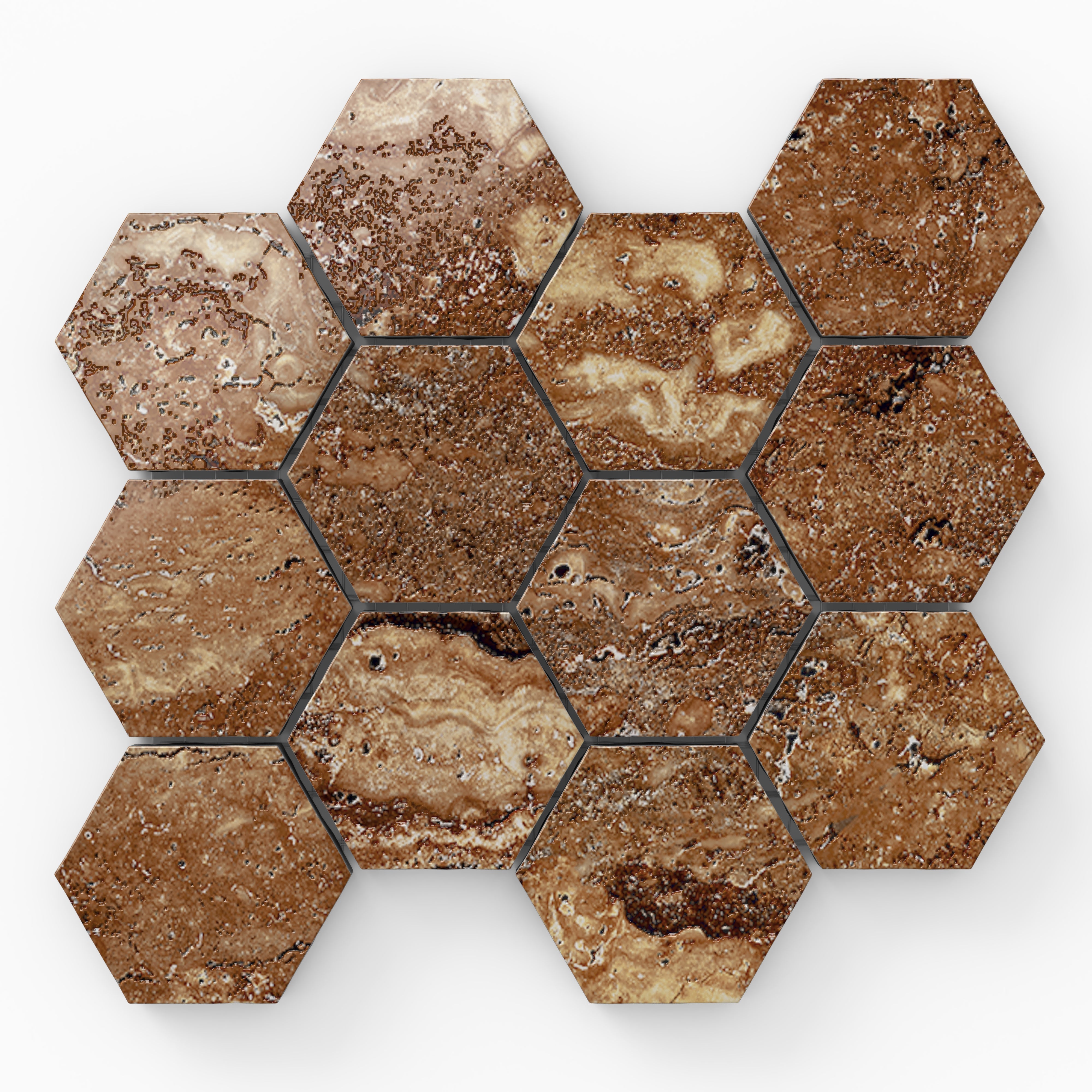 Polished travertine-look porcelain 3x3 hex mosaic tile featuring warm brown tones, natural stone veining, and a glossy finish.
