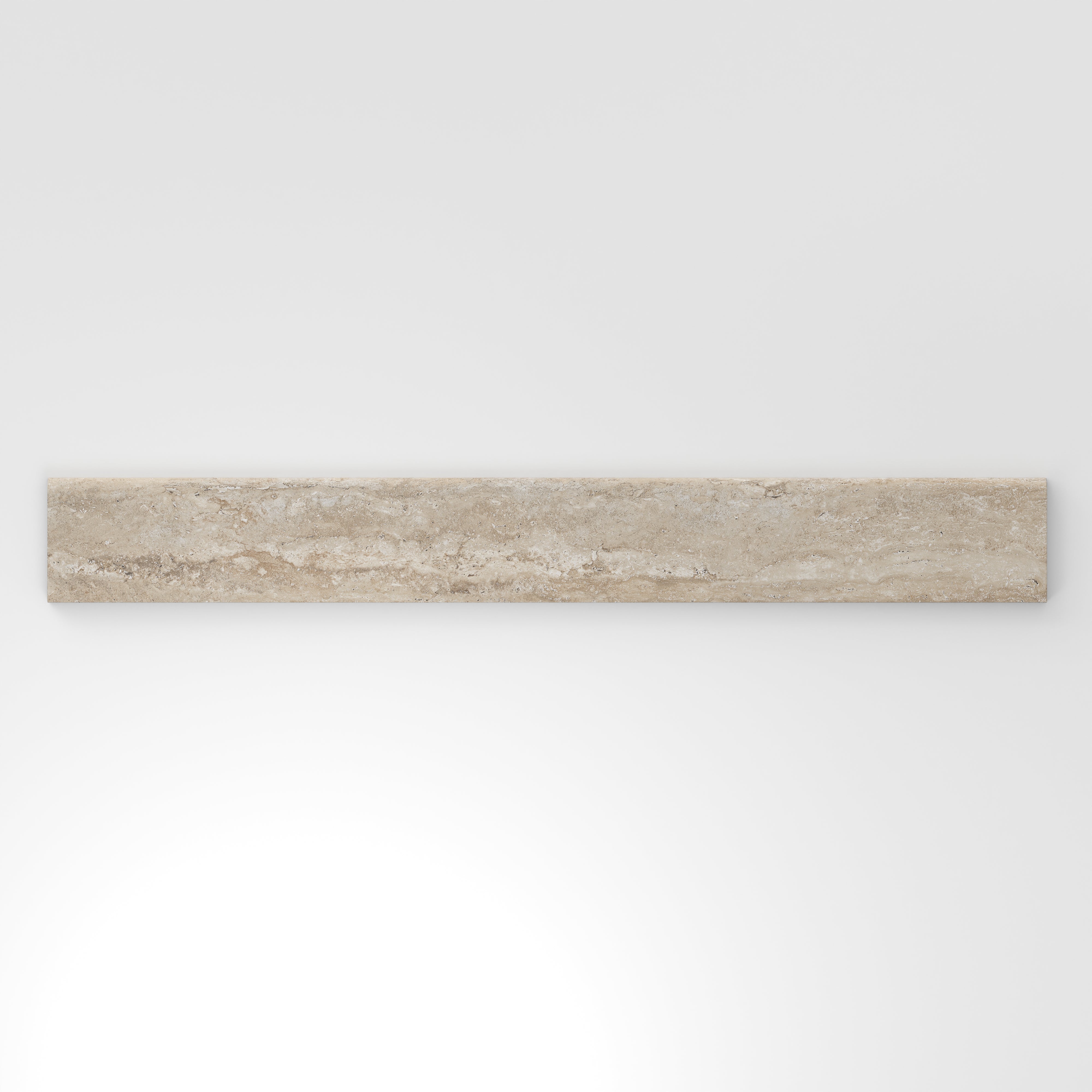 Neutral beige travertine-look porcelain 3x24 matte bullnose tile showcasing balanced tonal variation and a smooth contoured profile.