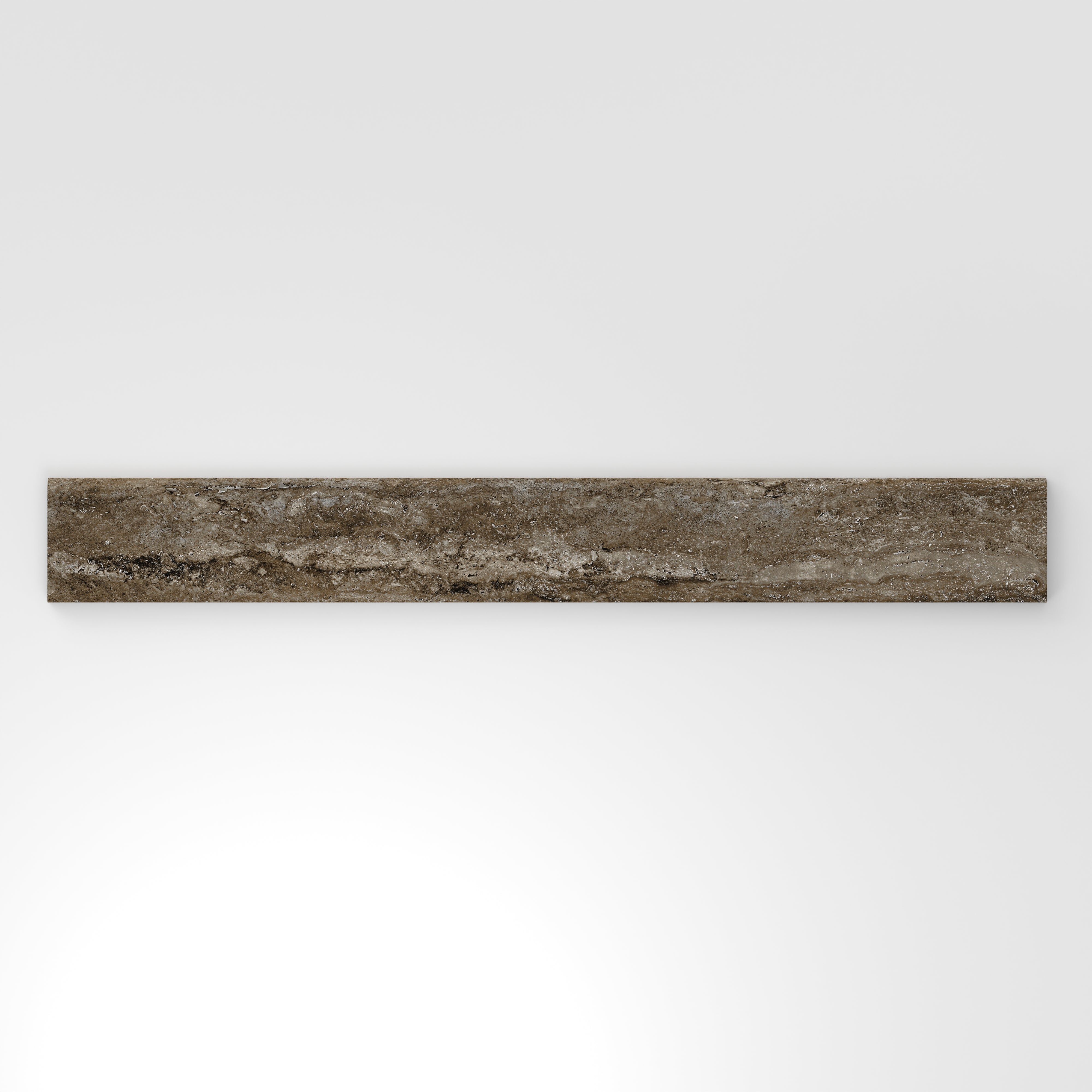 Dark taupe travertine-look porcelain 3x24 matte bullnose tile featuring deep tonal variation, subtle veining, and a refined edge.