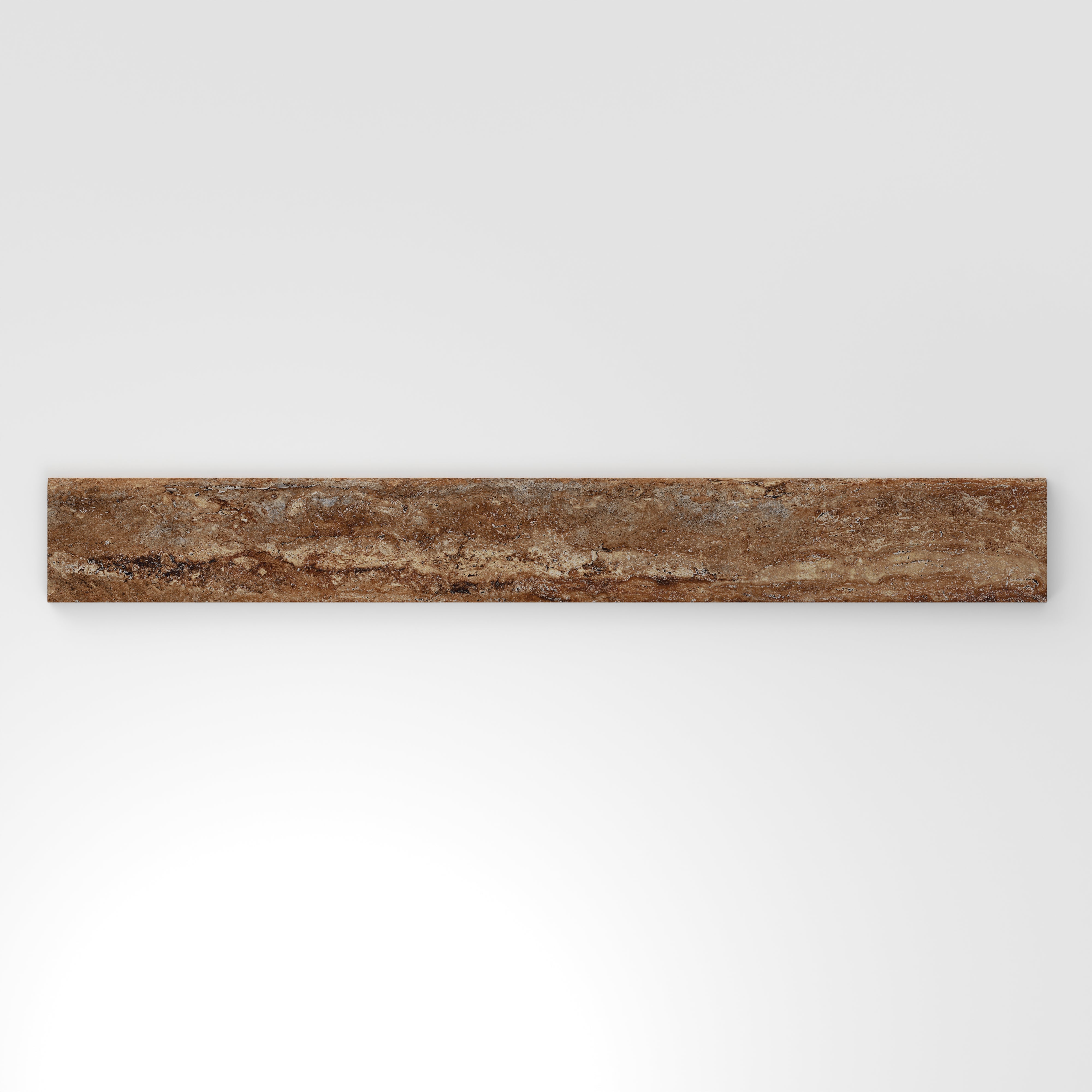 Brown travertine-look porcelain 3x24 matte bullnose tile with rich earthy tones, layered stone veining, and a smooth rounded edge.