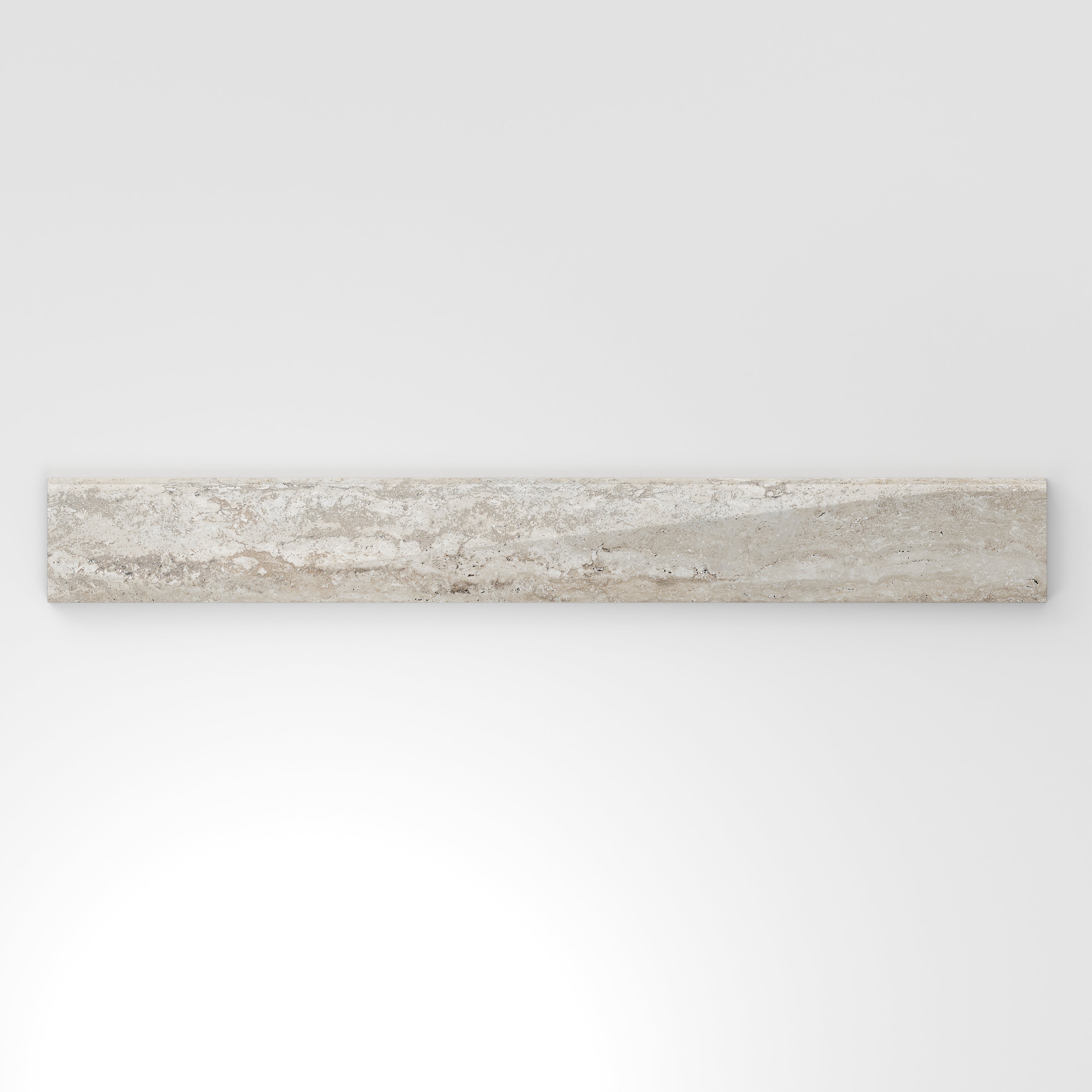 Warm beige travertine-look porcelain 3x24 polished bullnose tile with subtle horizontal veining and a softly rounded, glossy finish.