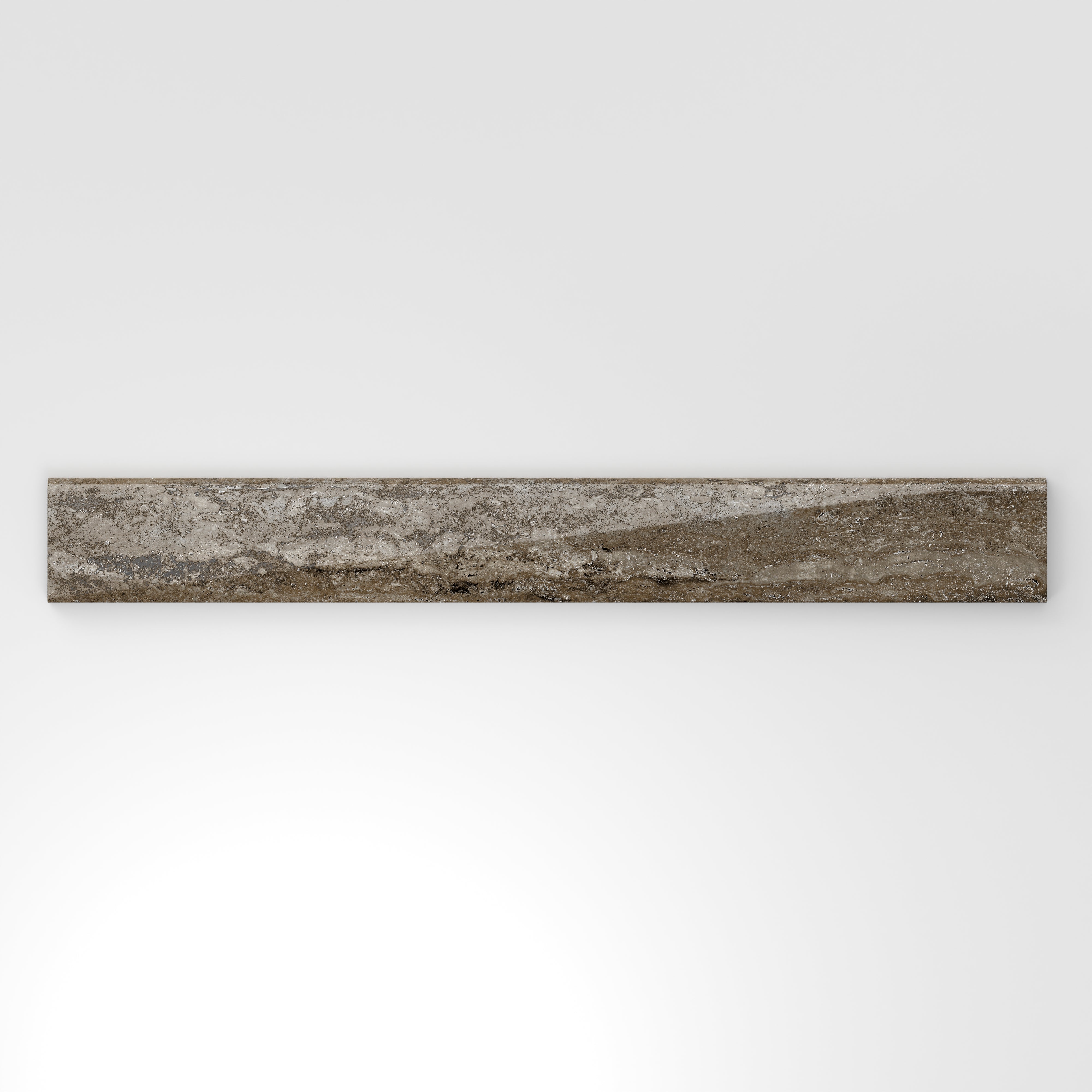 Dark taupe travertine-look porcelain 3x24 polished bullnose tile featuring deep tonal variation, linear veining, and a refined edge.