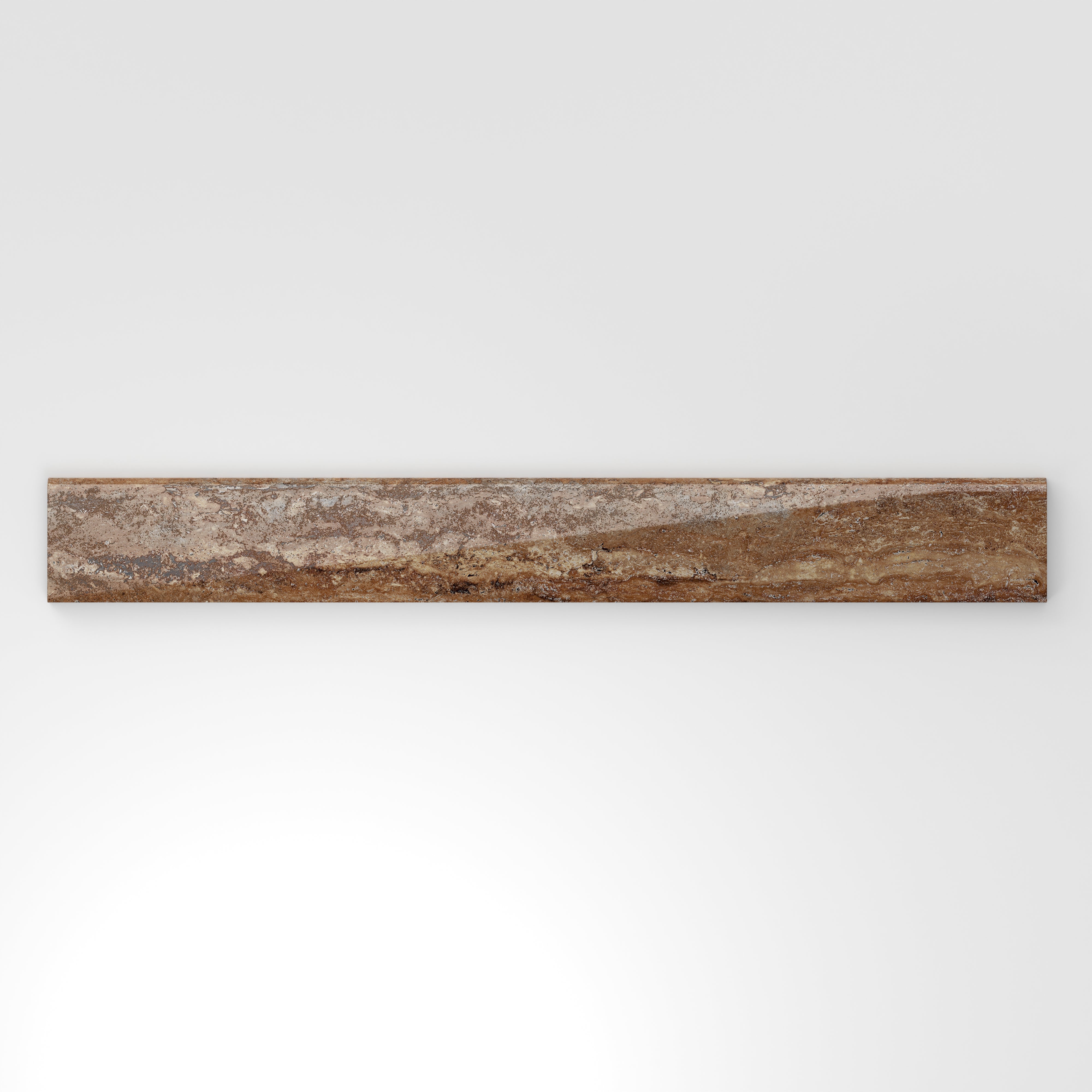 Brown travertine-look porcelain 3x24 polished bullnose tile with rich earthy tones, layered veining, and a smooth rounded edge.