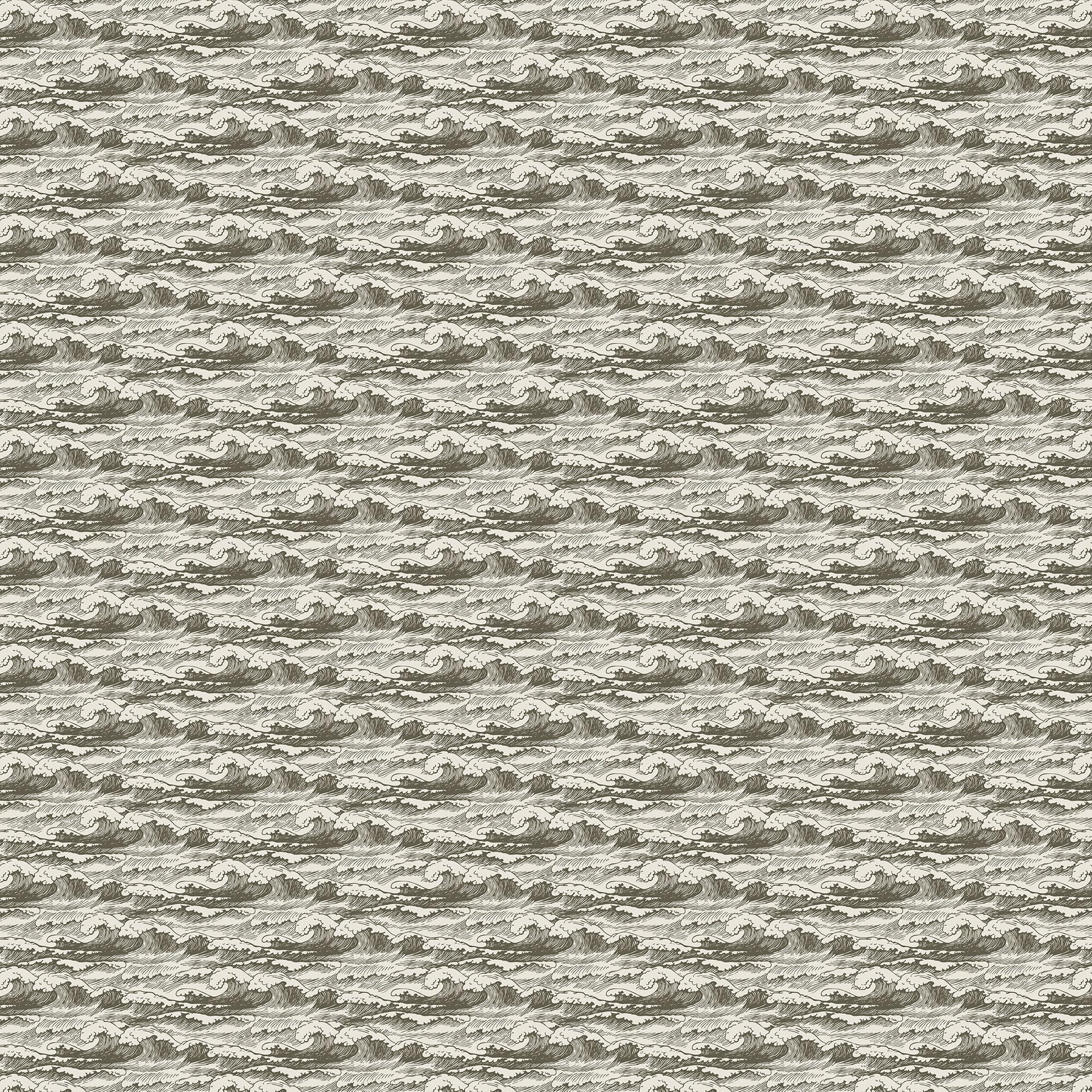 Seamless olive and cream ocean wave pattern with detailed hand-drawn curling surf forming a dense repeating coastal wallpaper design.