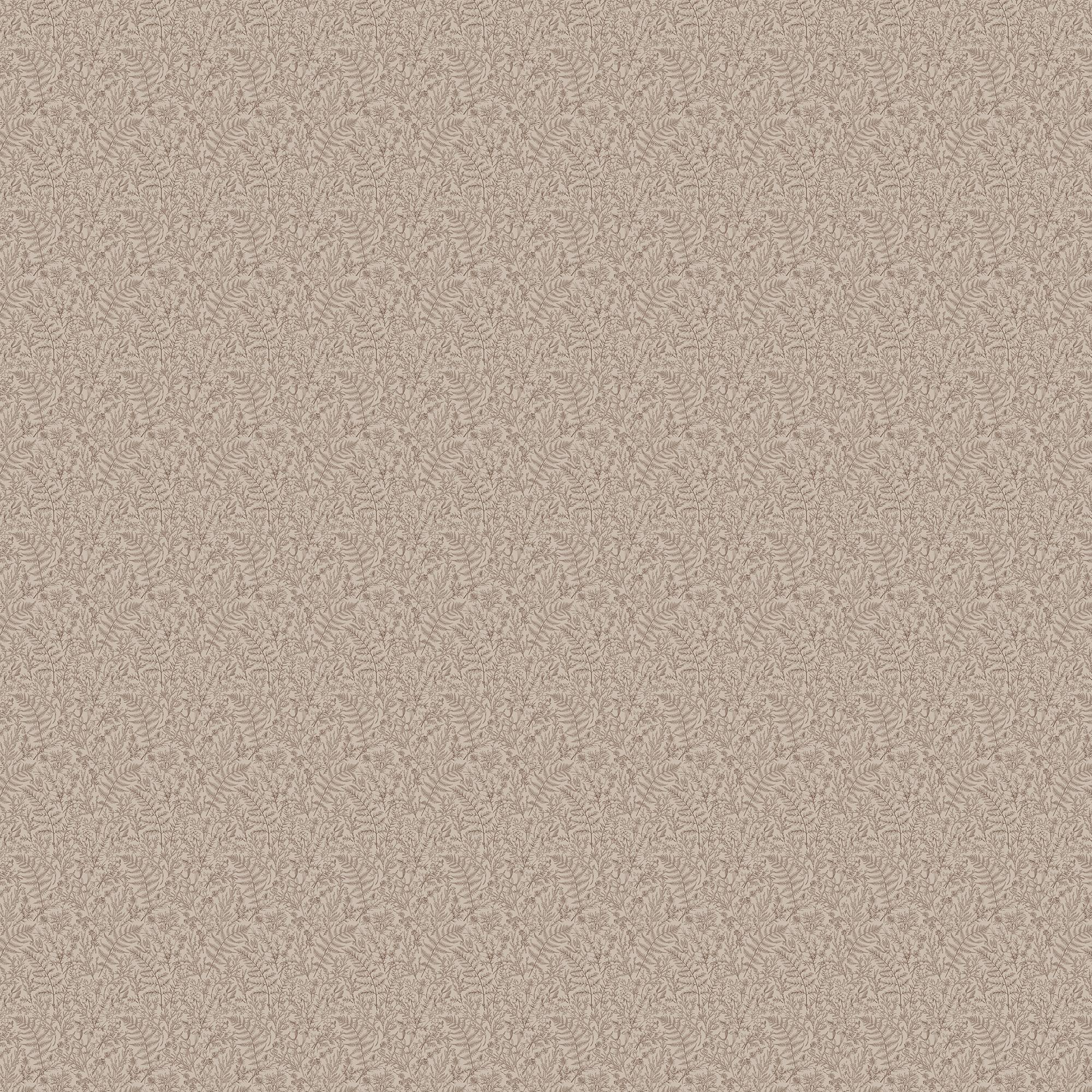 Strafford Wallpaper in Taupe II featuring a creamy white base layered with delicate grayish-brown botanical motifs in a hand-sketched style, creating a soft nature-inspired texture with subtle depth, sized 52" x 132".