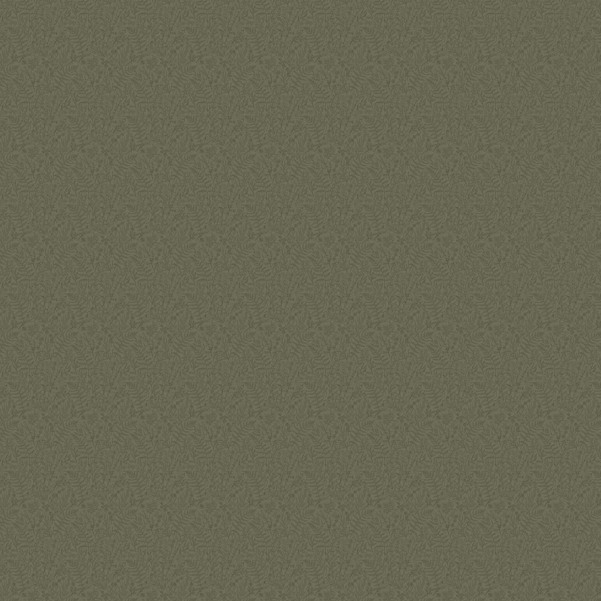 Strafford Wallpaper in Olive Night II featuring an olive green base with delicate dark green botanical motifs in a hand-sketched style, creating a subtle nature-inspired texture, sized 52" x 132".