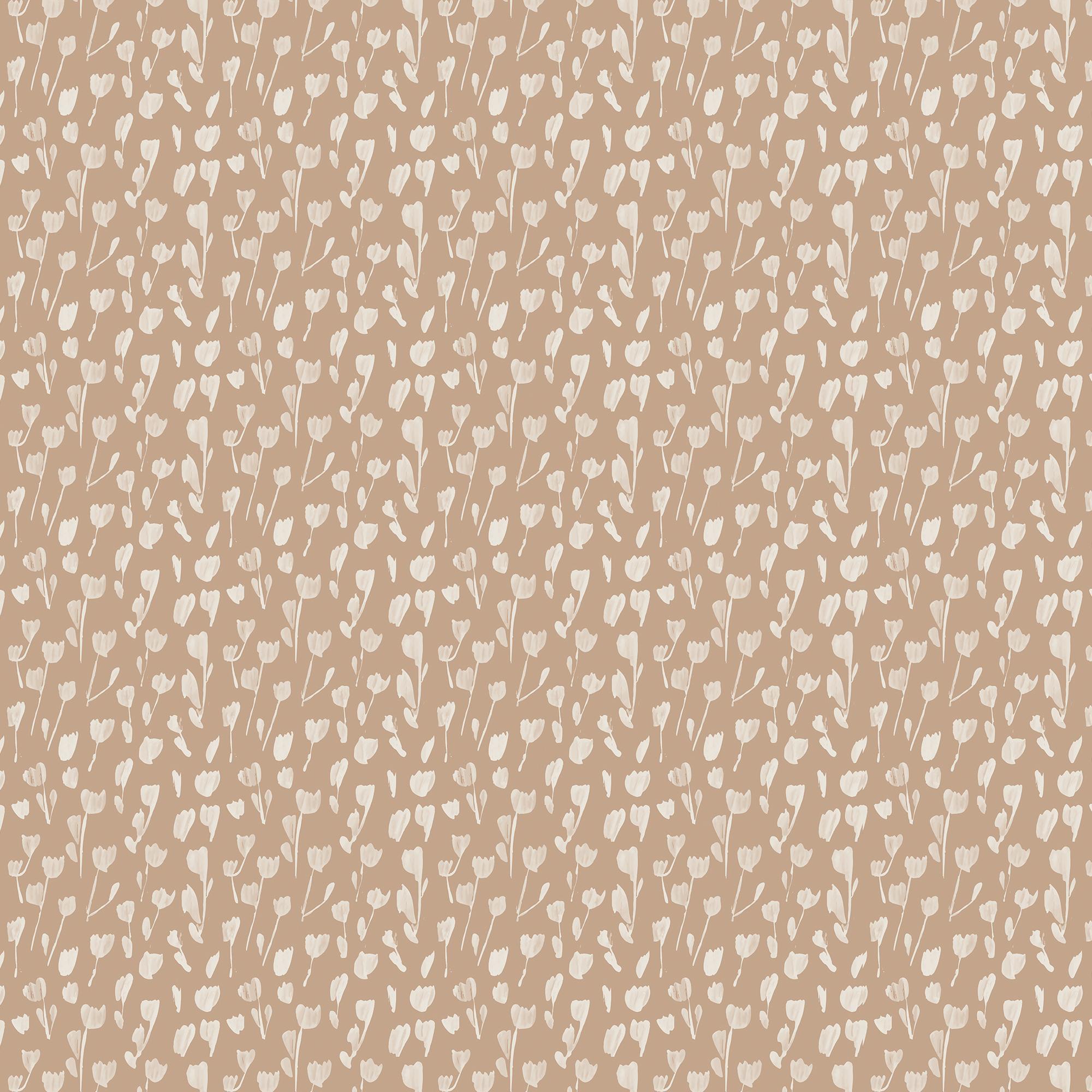 Petaline wallpaper Tan II, 52x132, shows softly washed off-white floral silhouettes layered over a light brown field, ideal for earthy interiors.