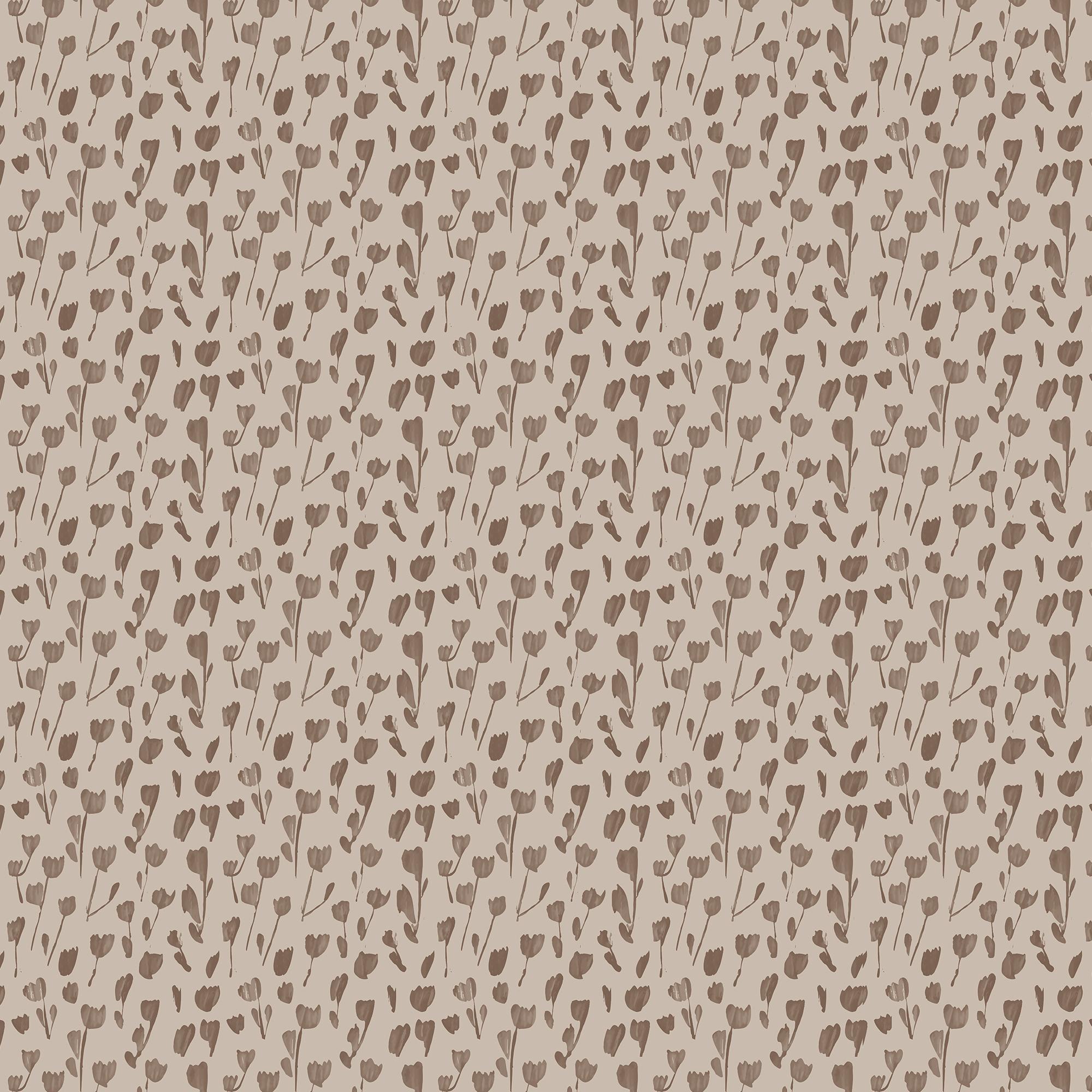 Petaline wallpaper Taupe I, 52x132, shows softly washed brown floral silhouettes over a light taupe background, fitting Scandinavian or minimalist interiors.