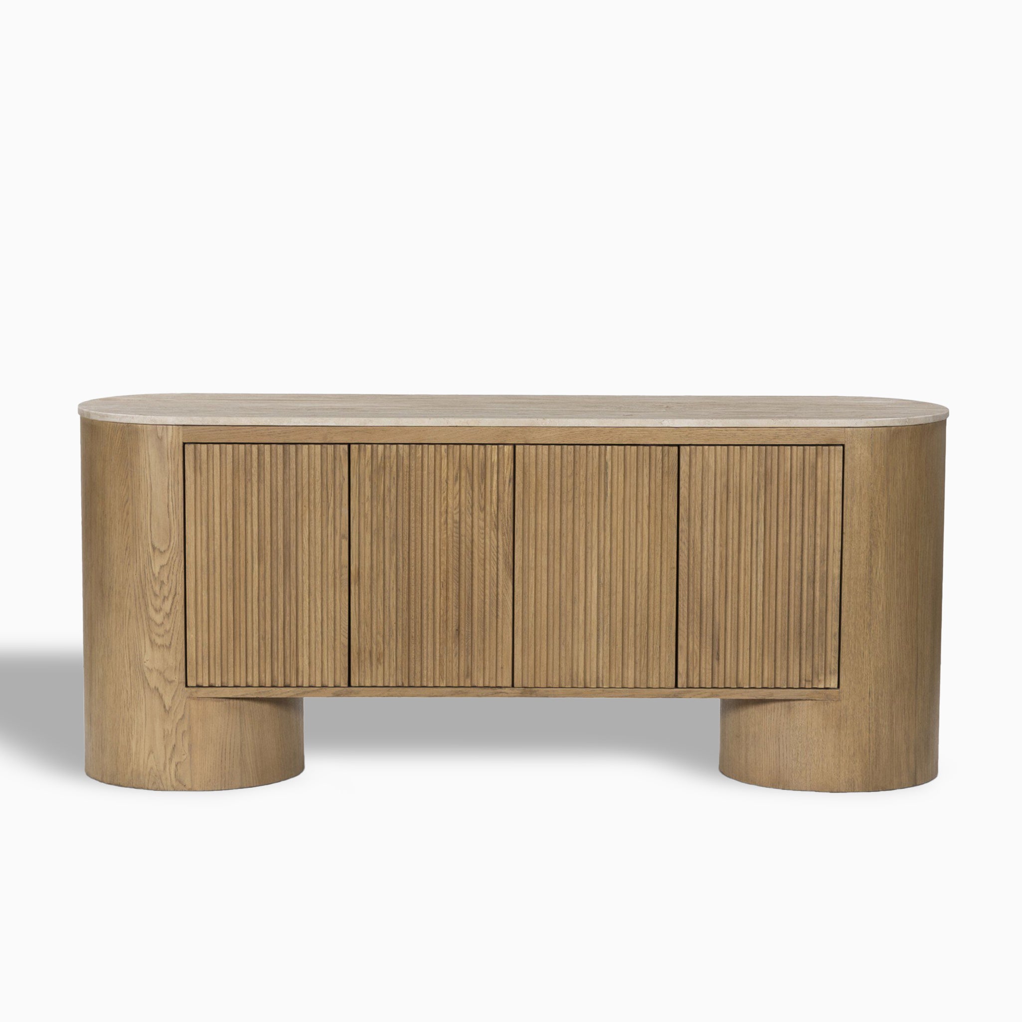 Fannin Media Console in Natural Light Oak Veneer with Natural Travertine Top