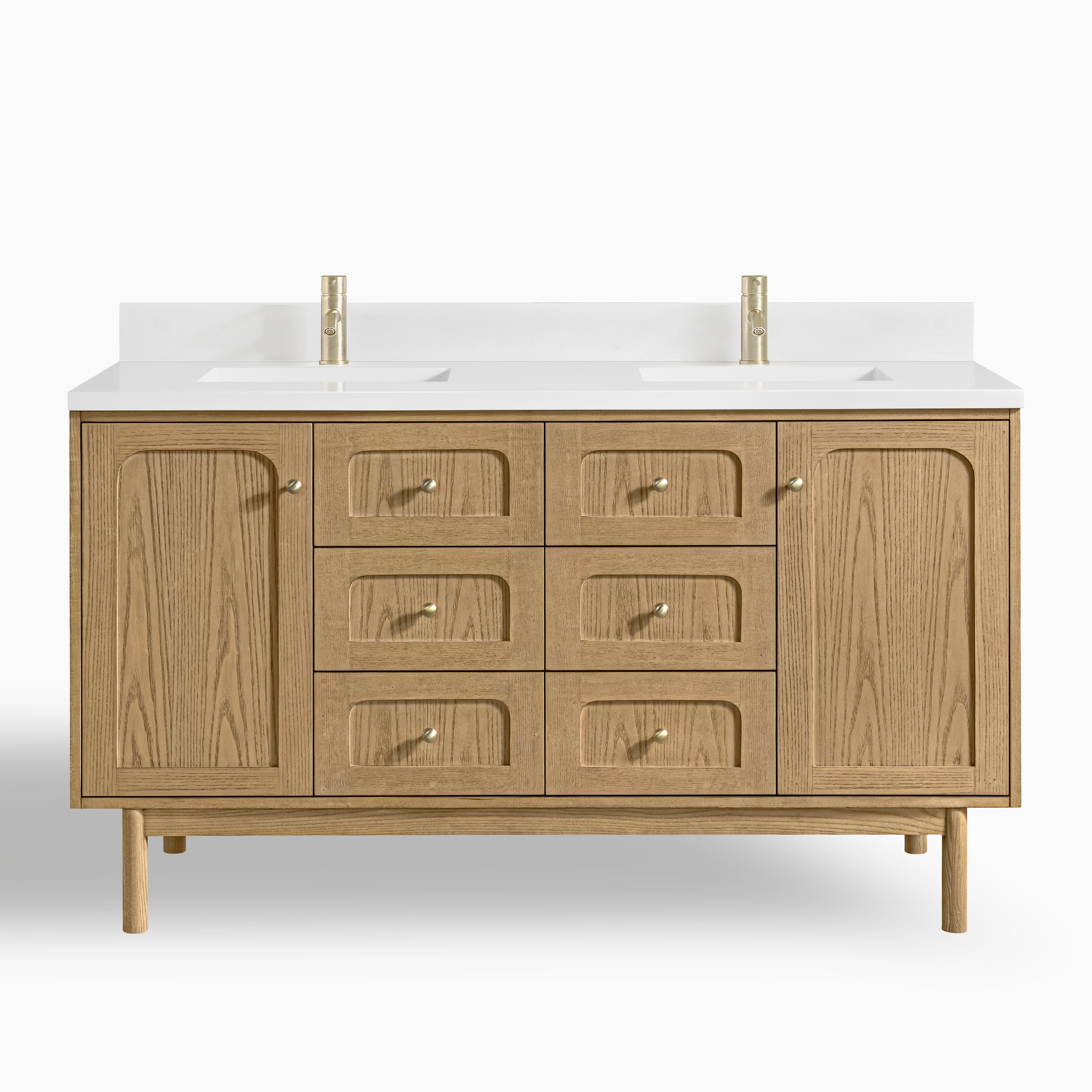 Abigail 60" Double Vanity in Light Natural Oak with Single Hole 3 cm White Zeus Quartz Top & Backsplash