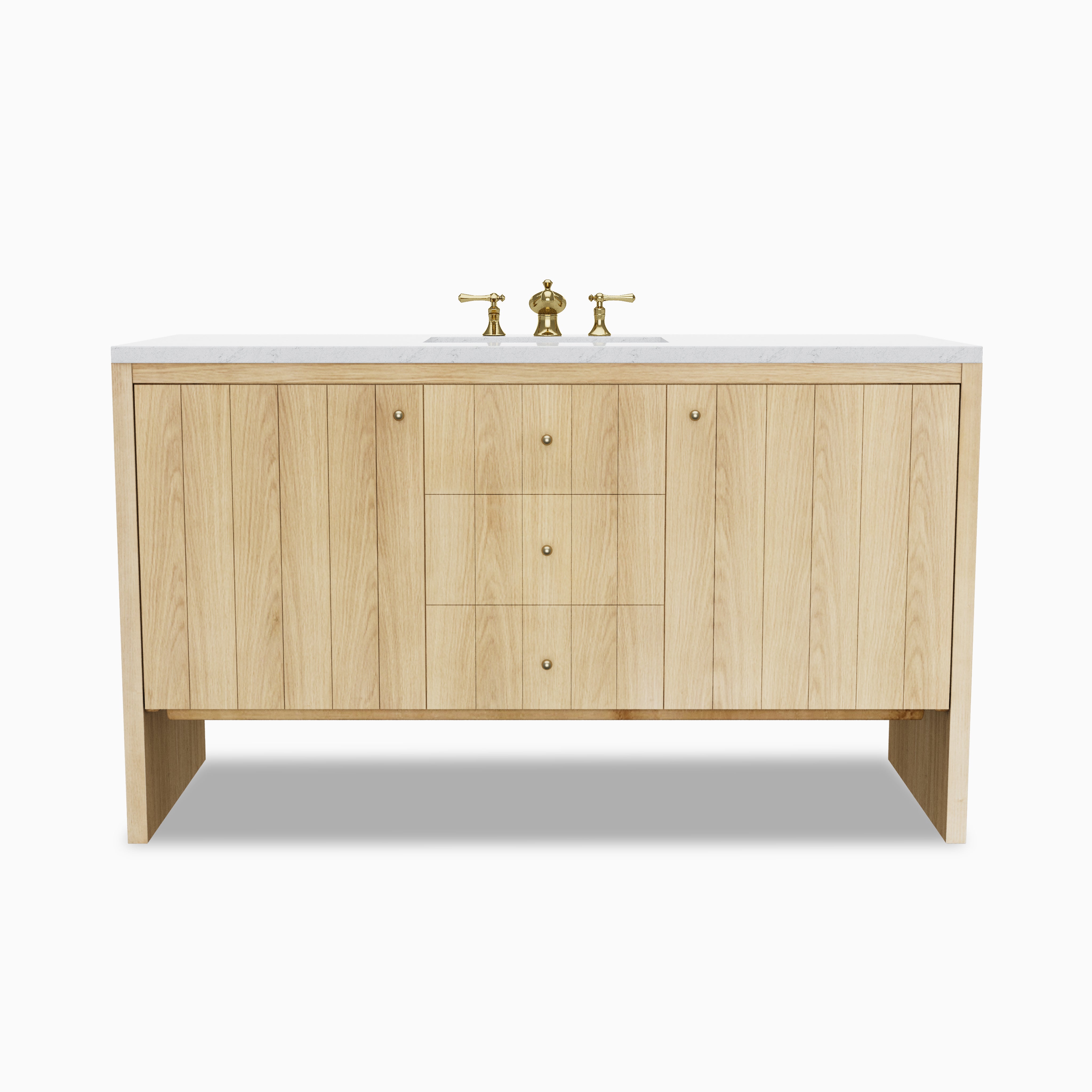 Gabriella 60-inch single vanity in light natural oak with flat panel doors, three centered drawers, brass knobs, open base legs, and a Carrara marble countertop with integrated sink