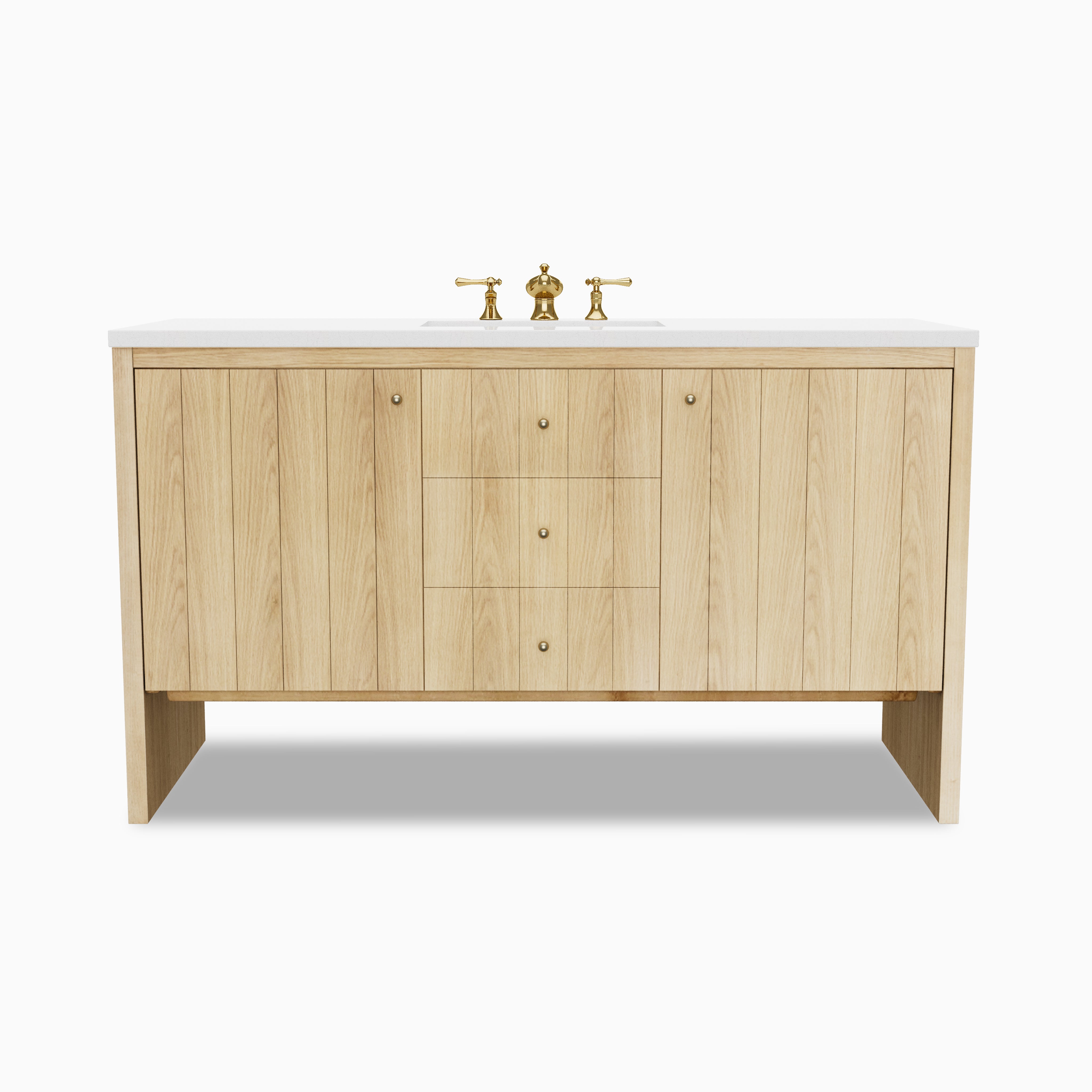 Gabriella 60-inch single vanity in light natural oak with flat panel doors, three centered drawers, brass knobs, open base legs, and an Eternal Jasmine Pearl quartz countertop with integrated sink