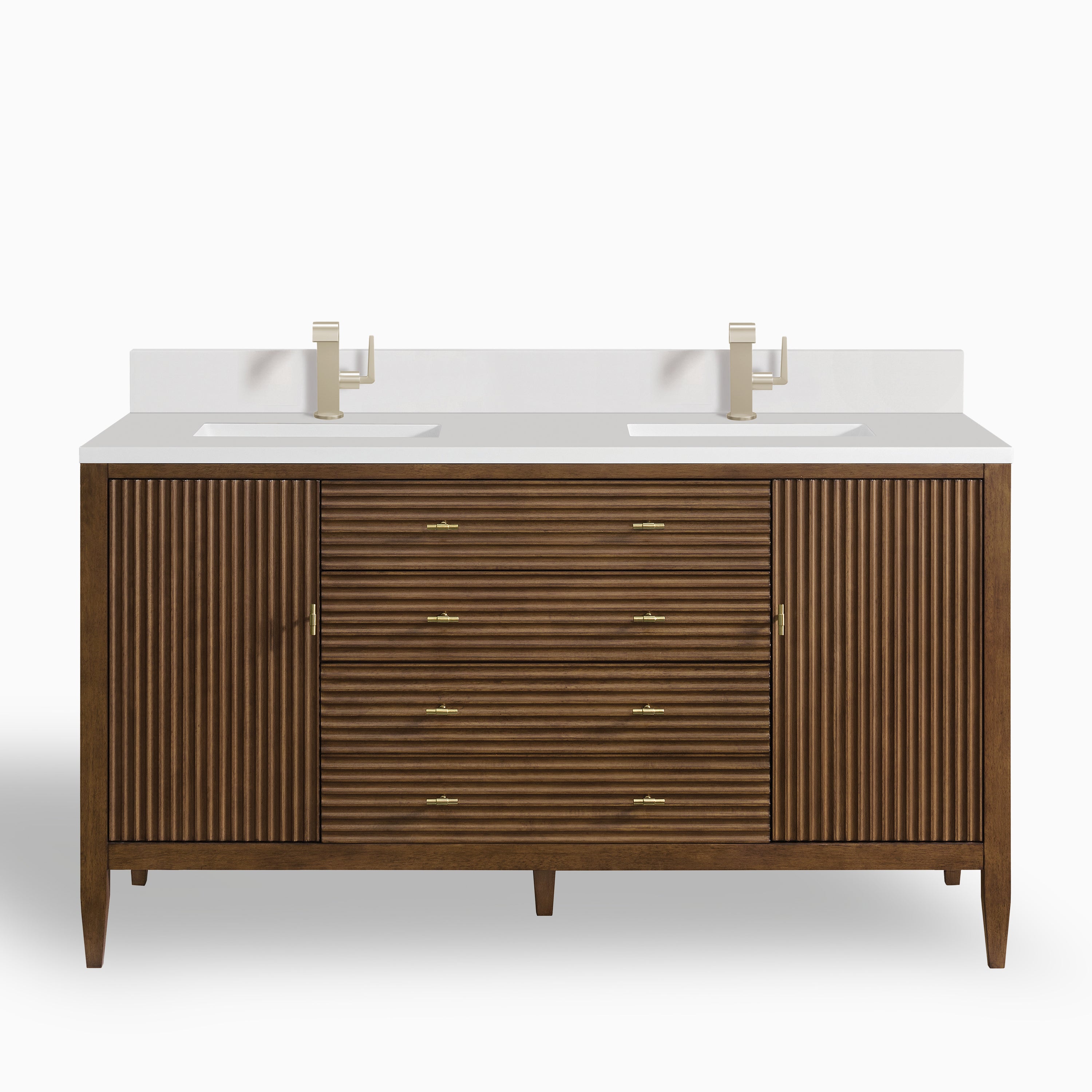Sasha 60" Double Vanity in Mid Century Walnut with Single Hole 3 cm White Zeus Quartz Top & Backsplash