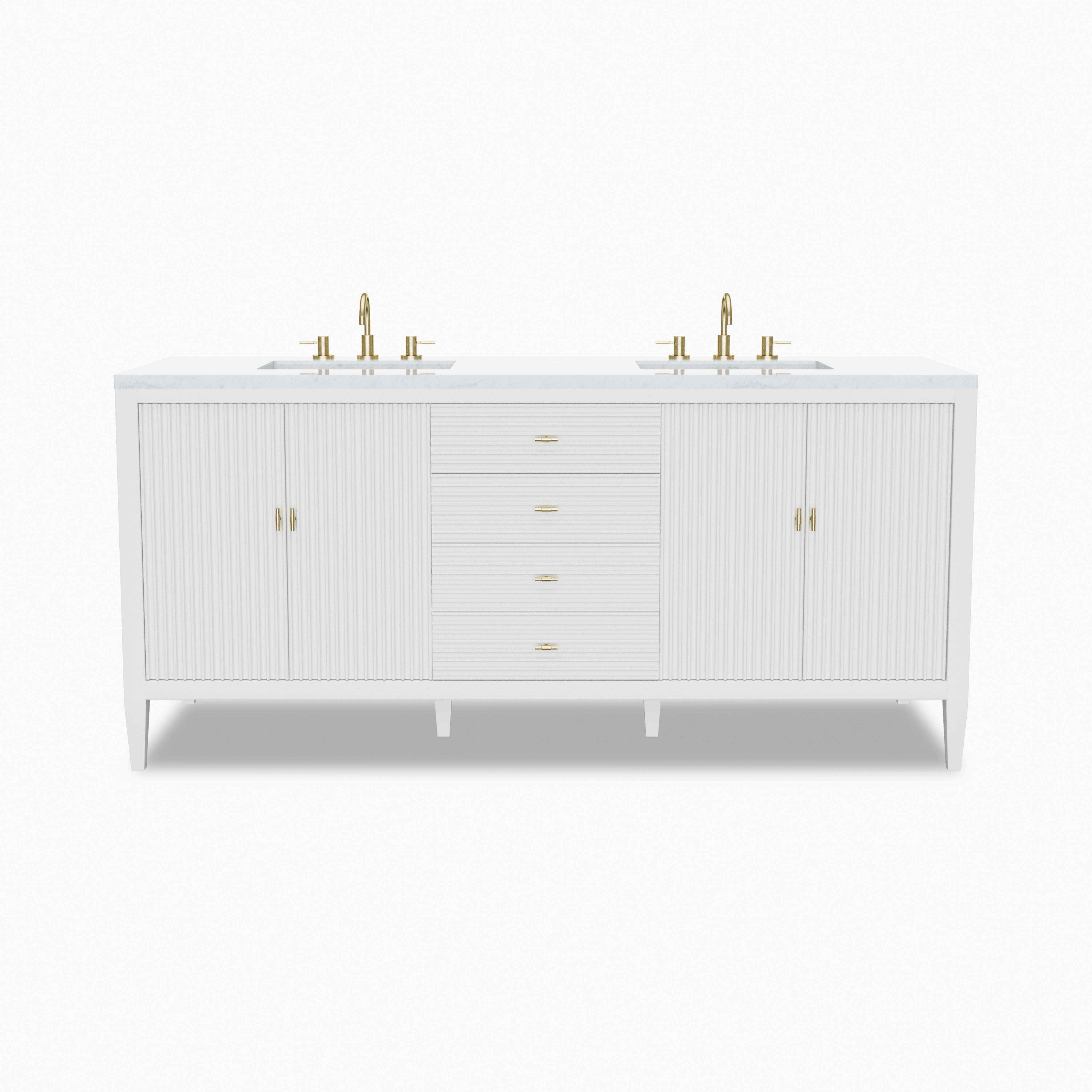Sasha 72-inch bright white double vanity with fluted cabinet doors, brass hardware, dual sinks, and white marble countertop.