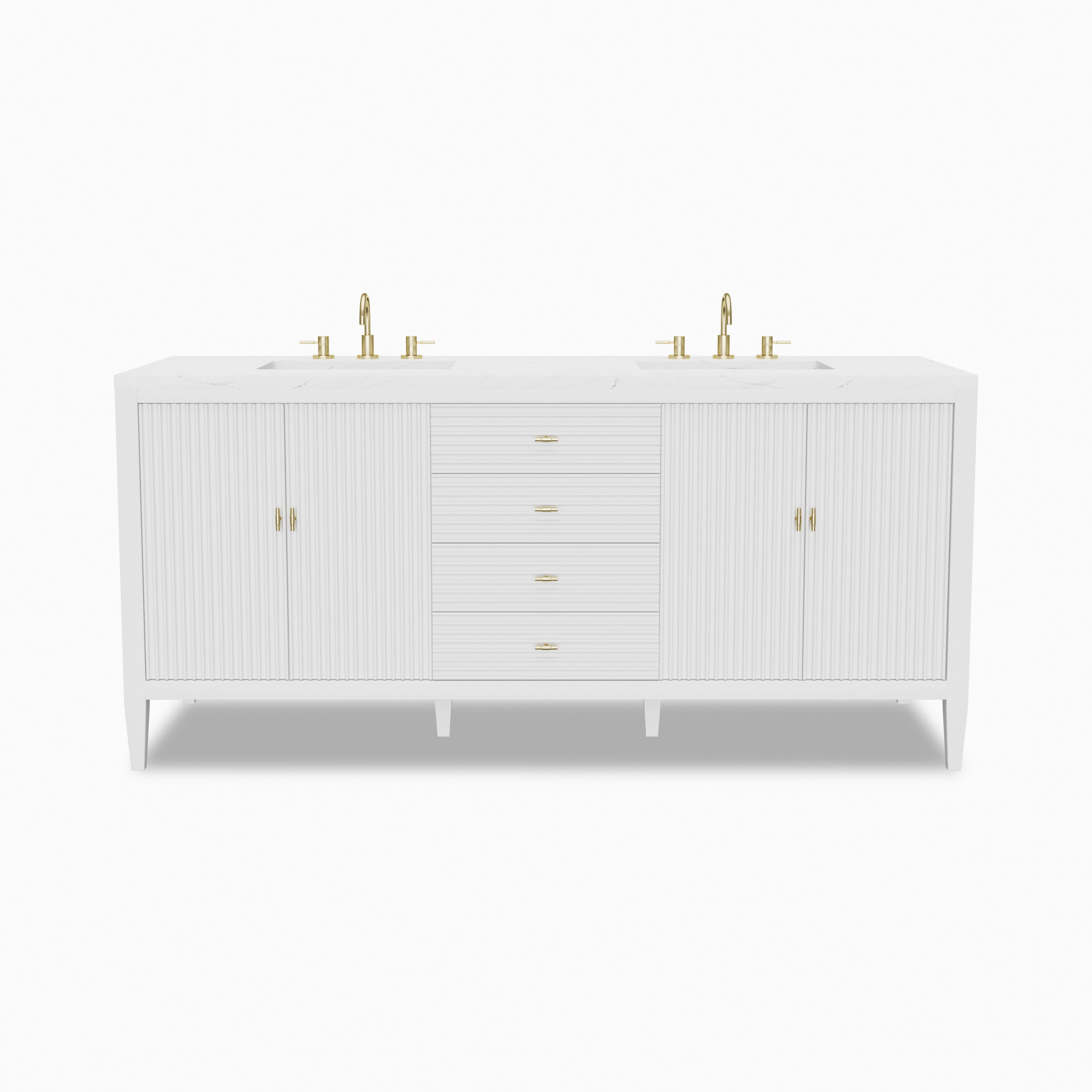 Sasha 72-inch bright white vanity with fluted cabinet doors, brass hardware, dual sinks, and deep black stone countertop.