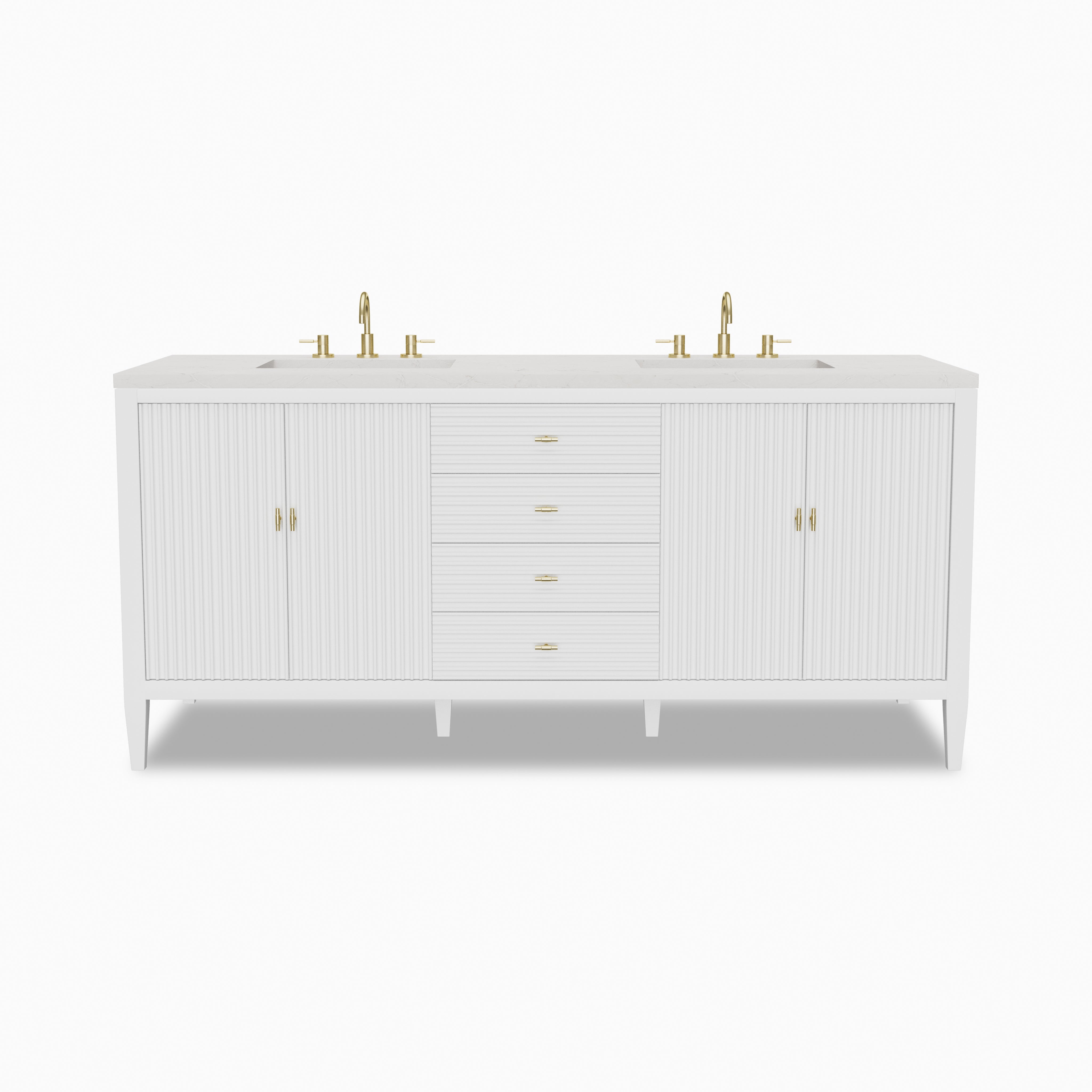 Sasha 72-inch bright white double vanity with fluted cabinet doors, brass hardware, dual sinks, and polished white stone countertop.