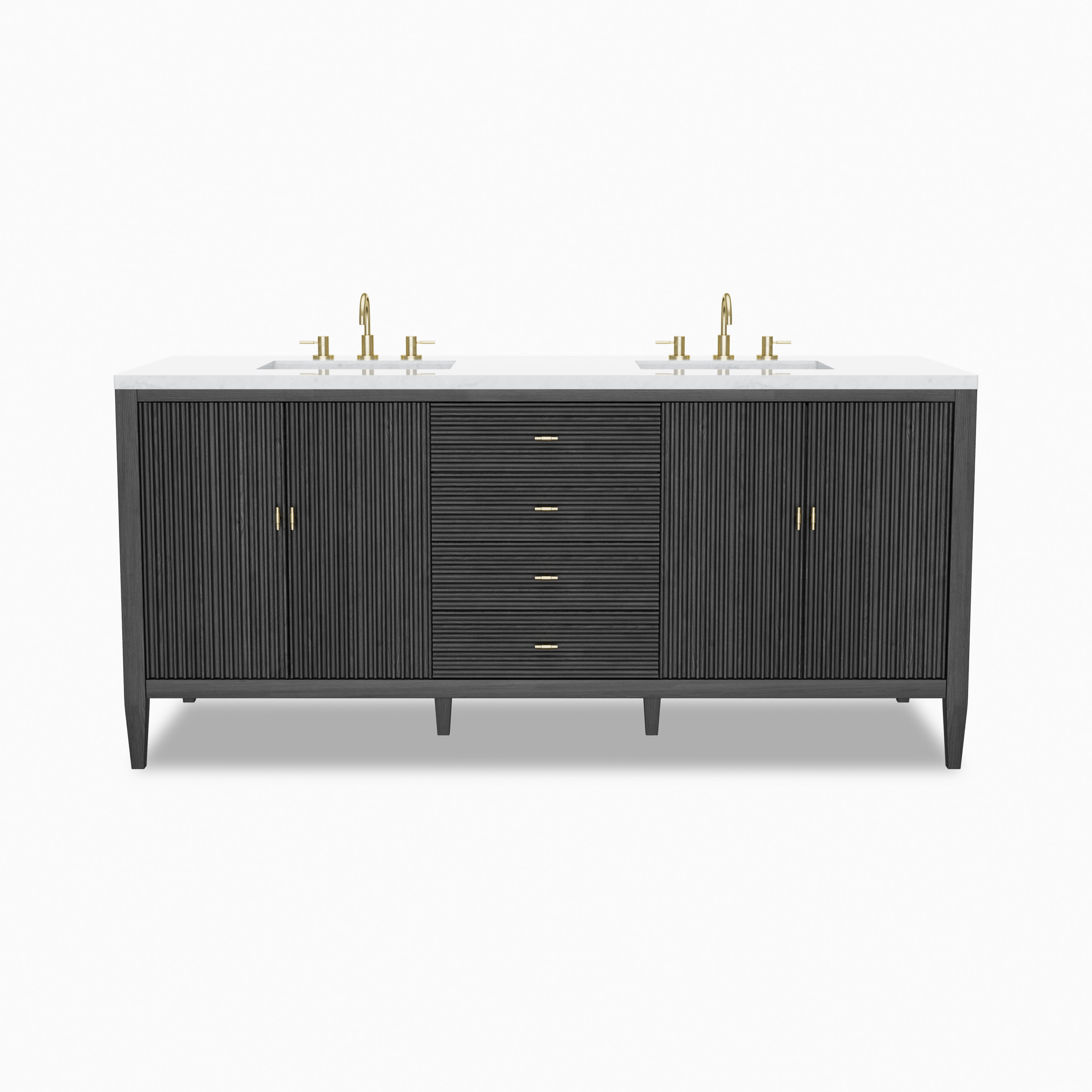Sasha 72-inch carbon oak double vanity with fluted cabinet doors, brass hardware, dual sinks, and white marble countertop.