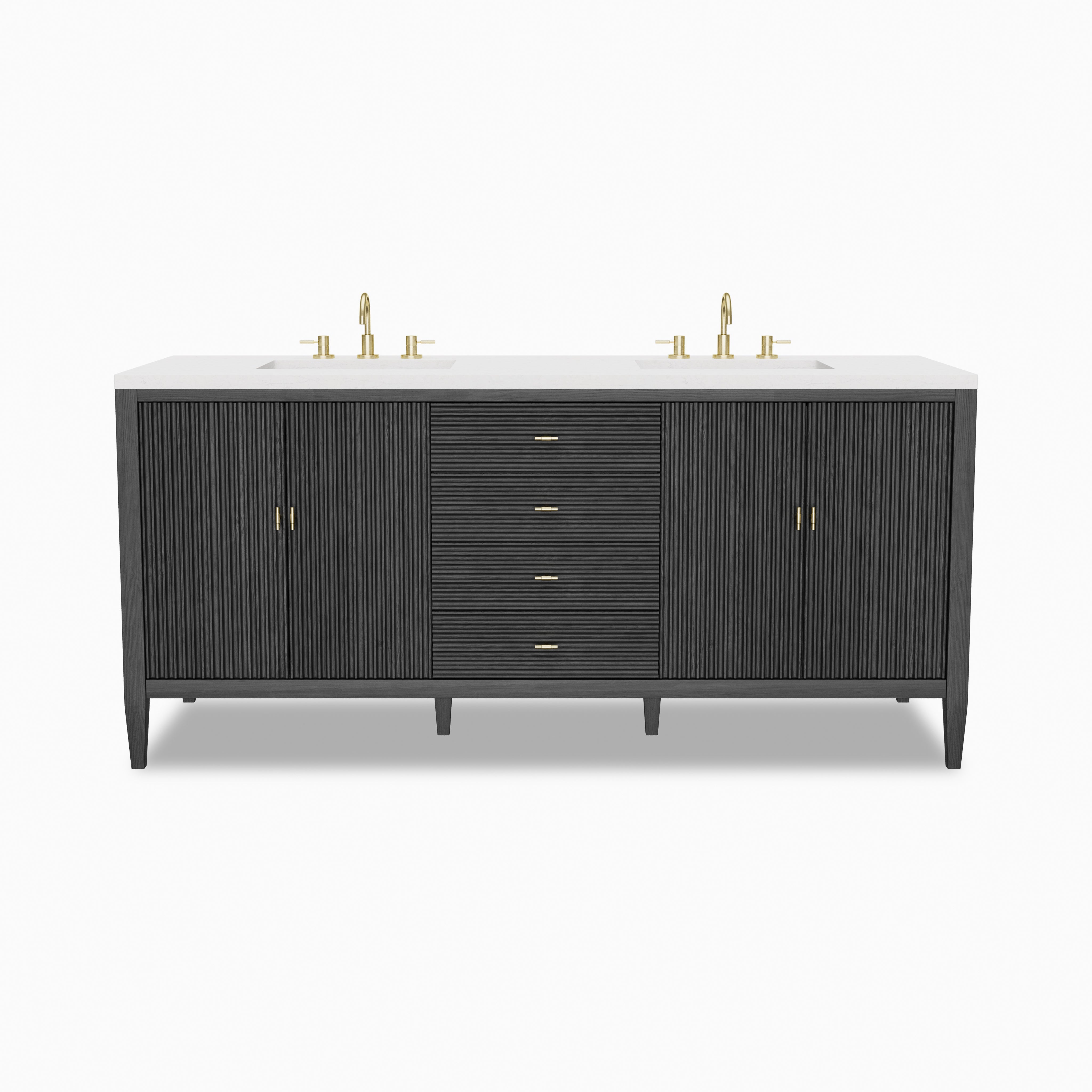 Sasha 72-inch carbon oak double vanity with fluted doors, brass hardware, dual sinks, and Calacatta marble countertop.