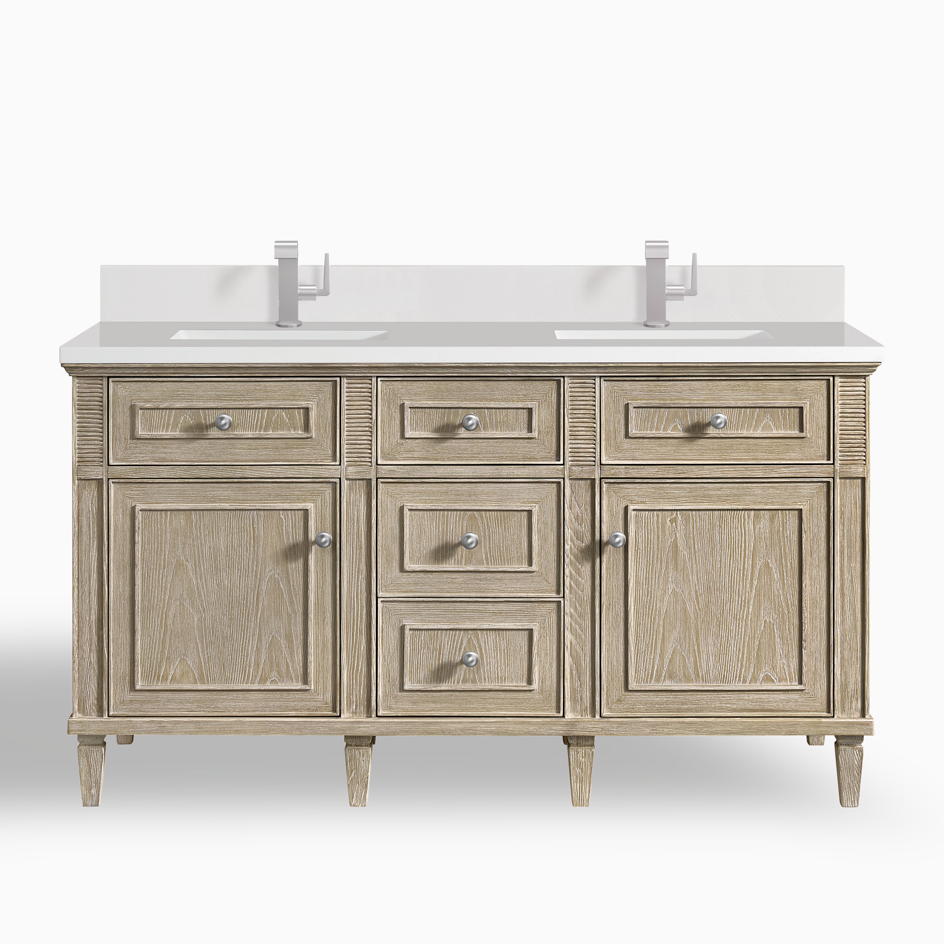 Elodie 60" Double Vanity in Whitewashed Oak with Single Hole 3 cm White Zeus Quartz Top & Backsplash