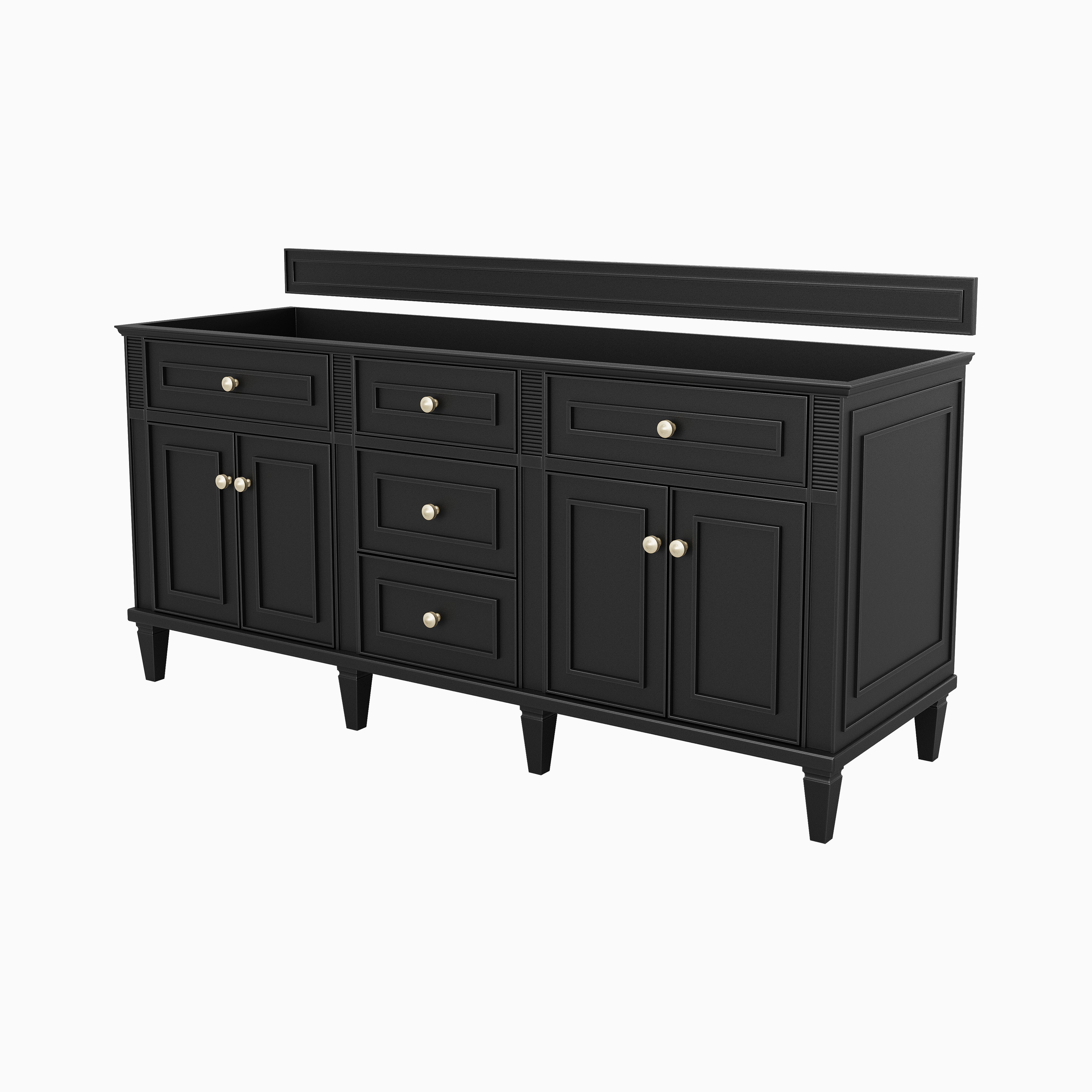 Elodie 72-inch double vanity in black onyx, featuring paneled cabinet doors, multiple storage drawers, and round brass hardware.