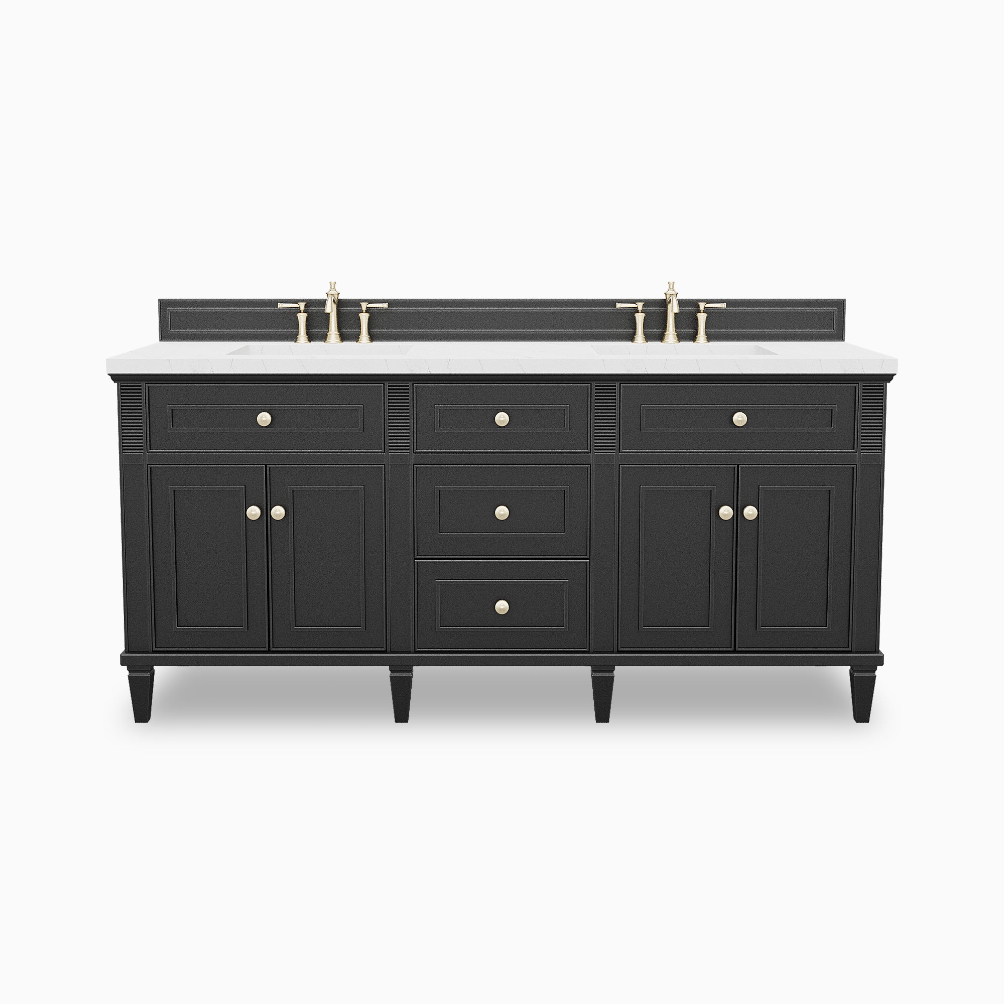 Elodie 72-inch double bathroom vanity in black onyx with paneled cabinets, brass knobs, tapered legs, and an Ethereal Noctis quartz countertop with dual faucets.