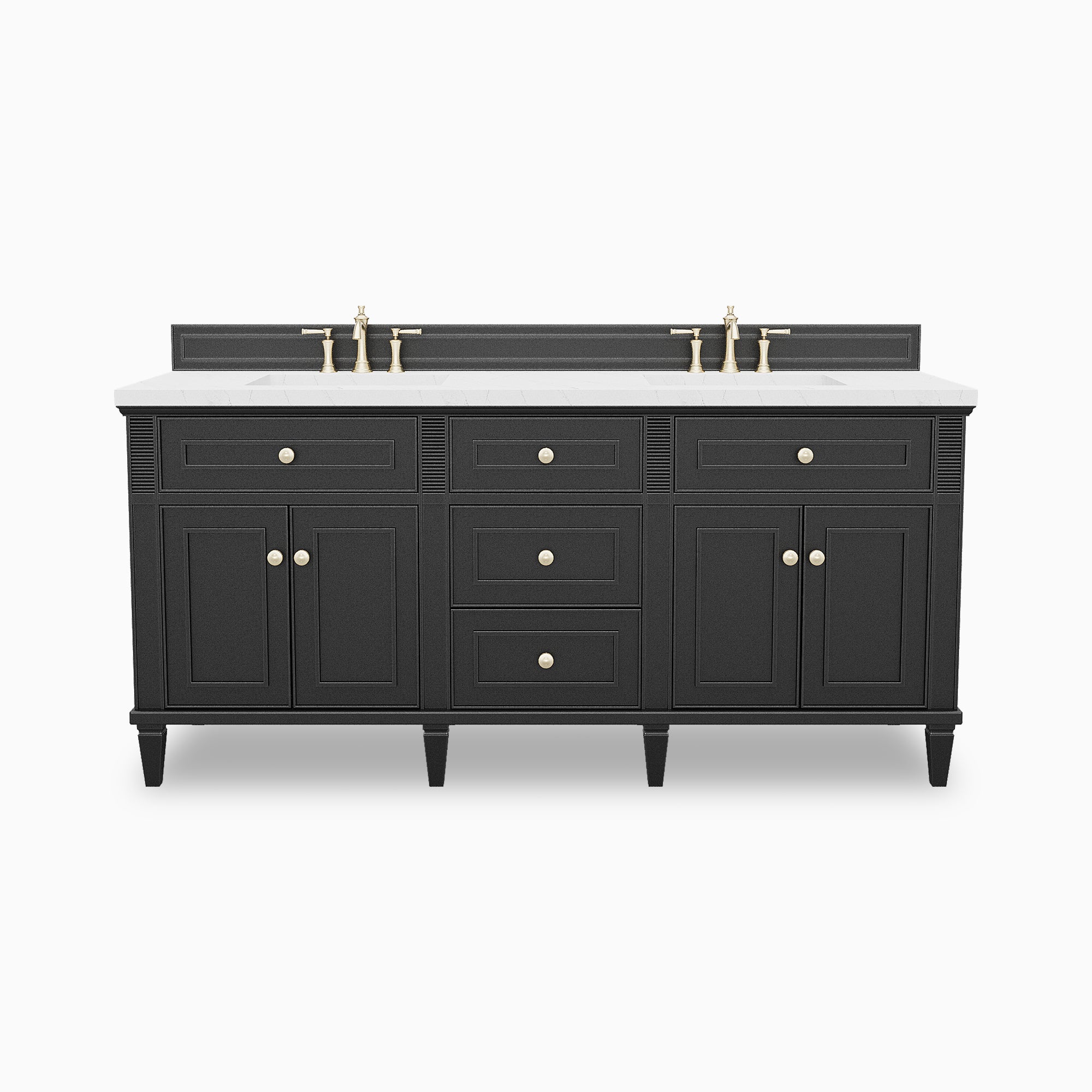 Elodie 72-inch double bathroom vanity in black onyx with paneled cabinets, brass knobs, tapered legs, and a Lime Delight quartz countertop with dual faucets.