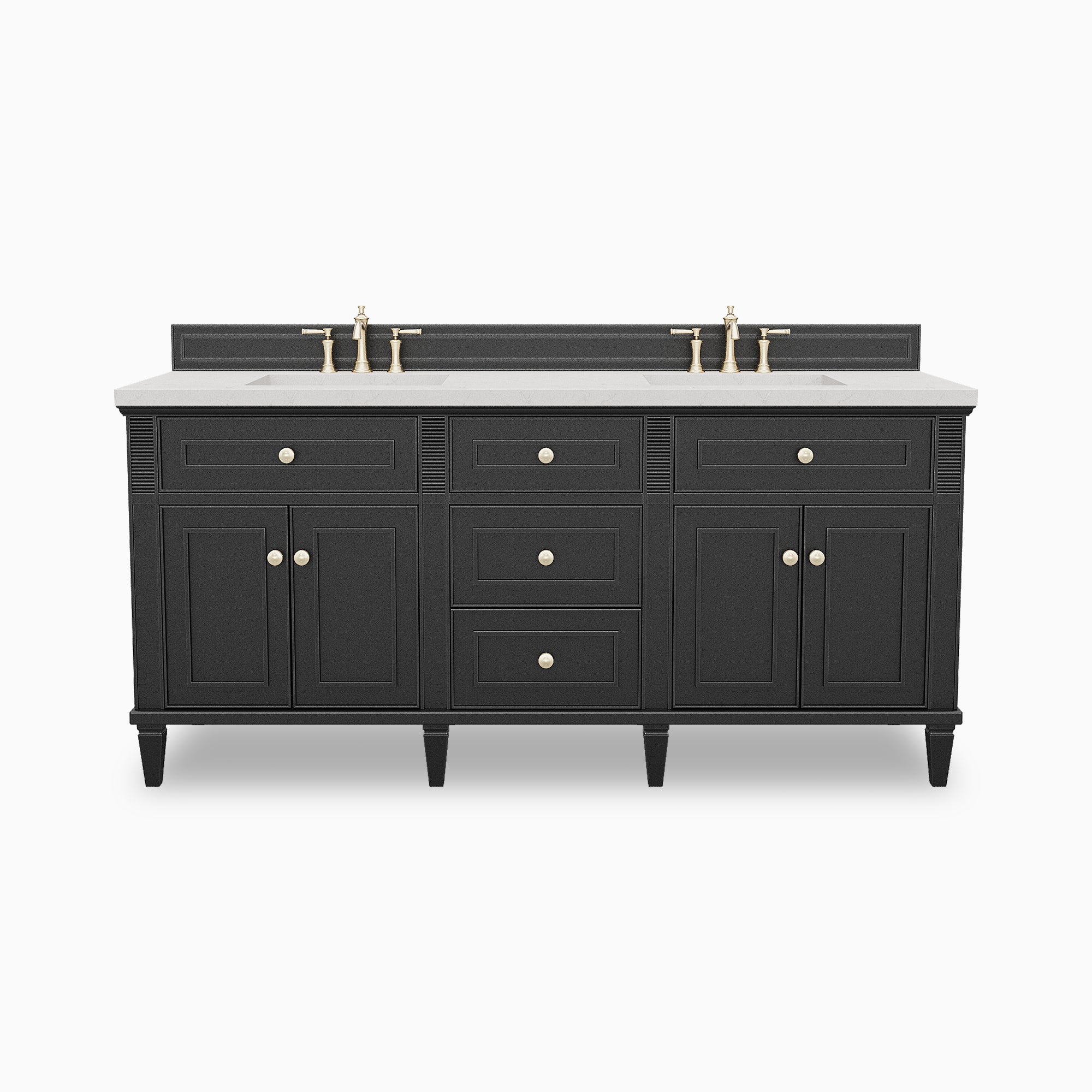 Elodie 72-inch double bathroom vanity in black onyx with Victorian Silver quartz countertop and brass faucets.